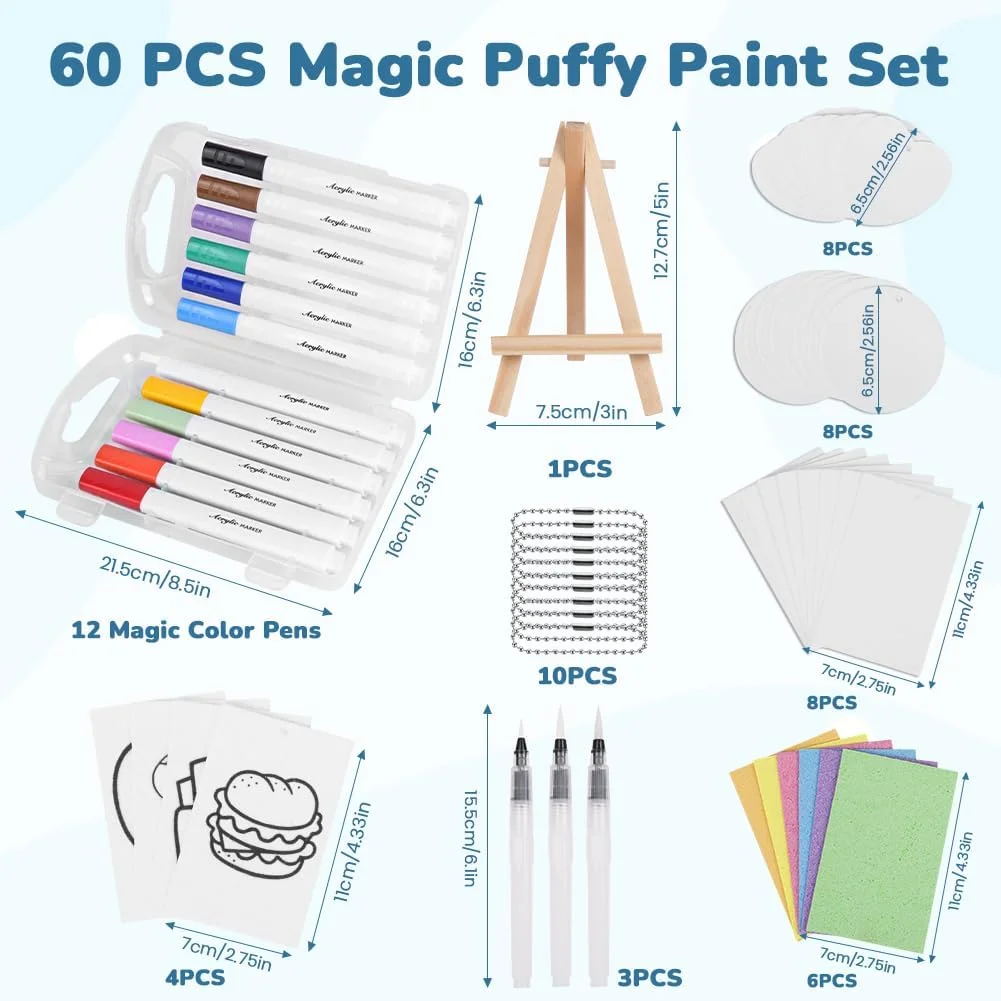 ست نقاشی با بافت اسفنجی سه بعدی AOOTE، 60 قطعه شامل کاغذ بافت‌دار فومی، قلم‌های رنگی، قلم‌های آبی، زنجیر، سه‌پایه چوبی، برای طراحی و هنر