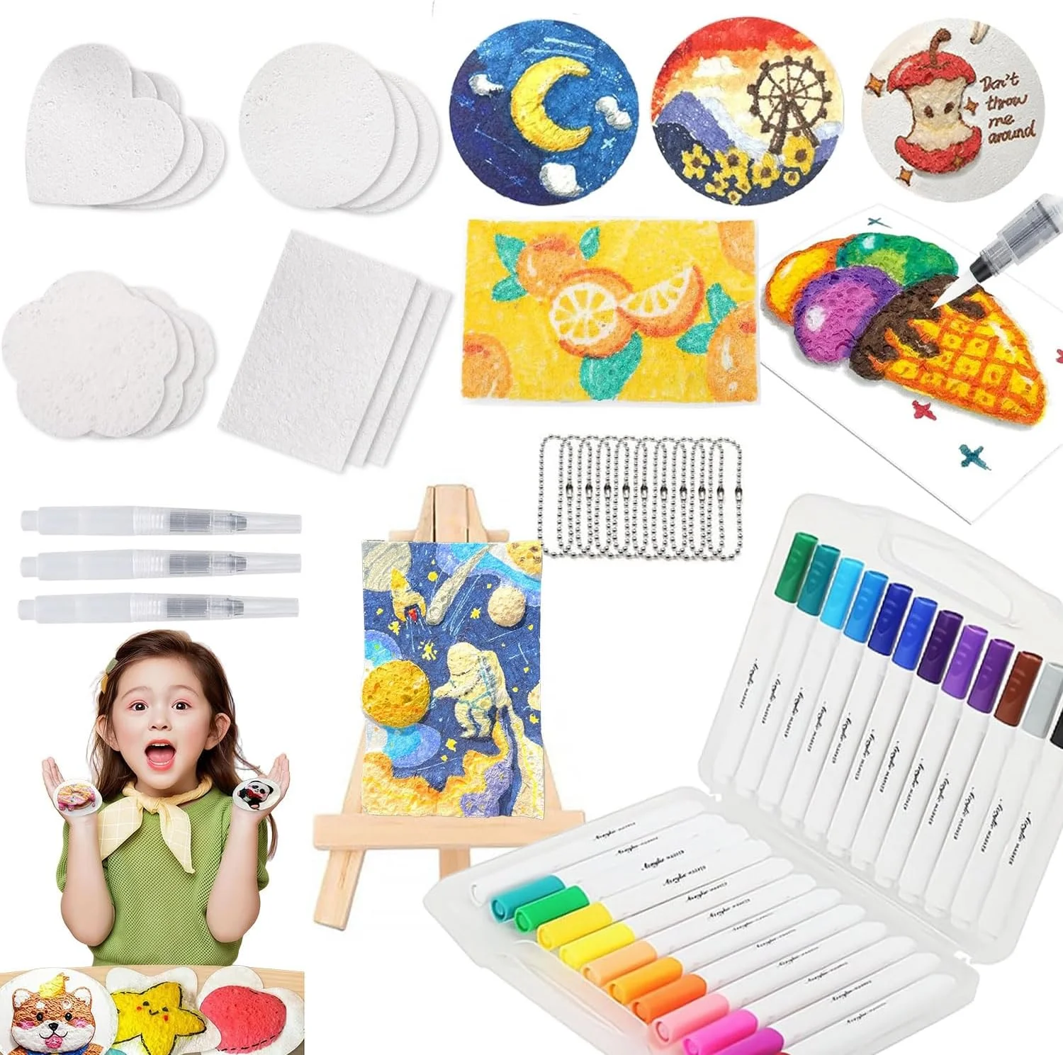 ست رنگ آمیزی پفی جادویی فان ولی، ست نقاشی با بافت فوم سه بعدی، مجموعه قلم های رنگ اکریلیک با 24 قلم رنگی، 12 اسفنج بوم، 3 قلم موی آب، 10 زنجیر مهره و 1 سه پایه کوچک