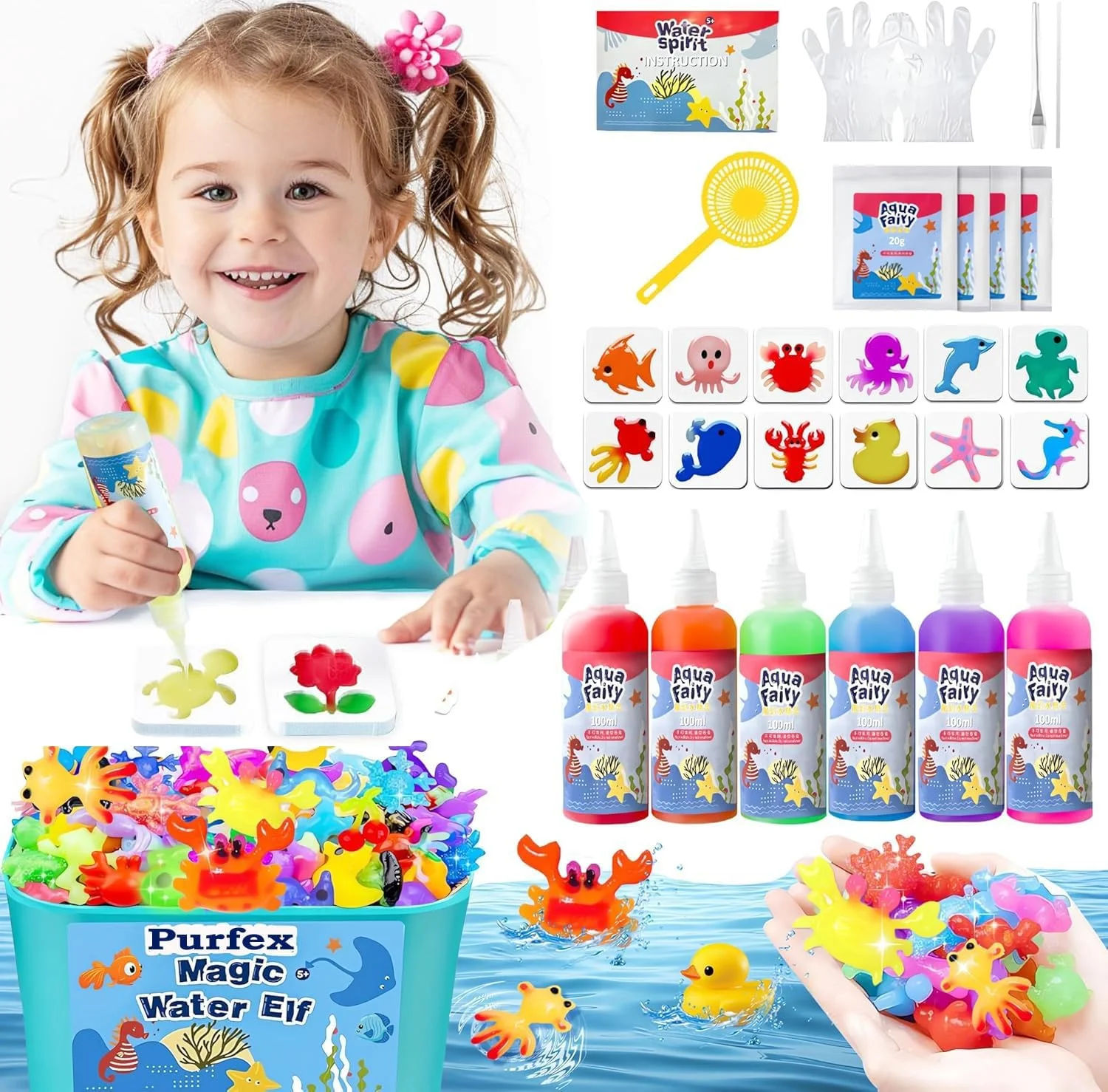 مجموعه اسباب بازی جادویی Purfex Magic Water Elf DIY – مجموعه هنری ژل سه بعدی با 8 قالب حیوانات، 6 چسب رنگی، جعبه نگهداری و ابزار – مجموعه کاردستی آموزشی STEM برای کودکان – هدیه خلاقانه سرگرم کننده برای پسران و دختران