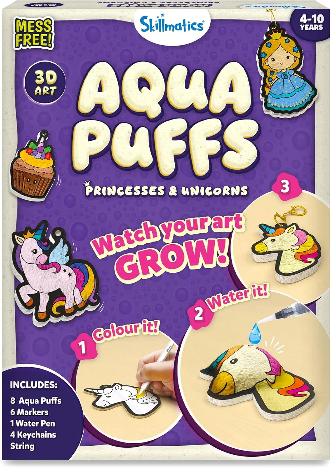 مجموعه هنری سه بعدی Skillmatics - پرنسس ها و تک شاخ های Aqua Puffs، کاردستی نقاشی بدون کثیف کاری برای کودکان، فعالیت رنگ آمیزی و باد کردنی خودتان انجام دهید، اسباب بازی های مسافرتی و هدایای خلاقانه برای دختران و پسران 4، 5، 6، 7، 8، 9، 10 ساله