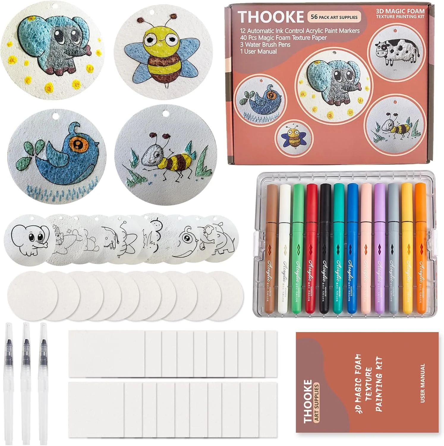 ست نقاشی با بافت فومی سه بعدی جادویی 56 تکه، صنایع دستی رنگ پفی با 40 عدد کاغذ برای کودکان، مجموعه لوازم هنری نقاشی اسفنجی با 12 رنگ ماژیک آکریلیک کنترل اتوماتیک جوهر