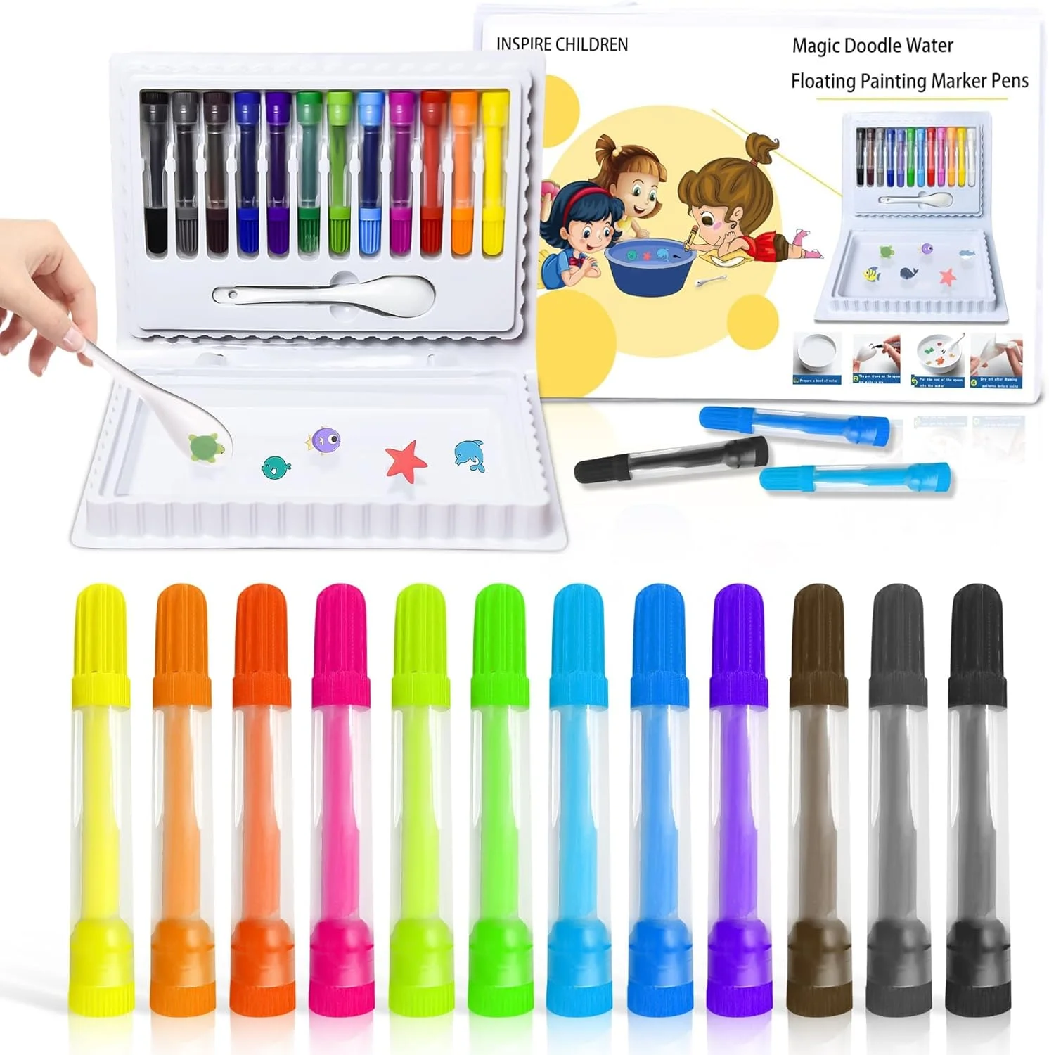 مجموعه قلم طراحی شناور جادویی، ماژیک های طراحی آبی 12 رنگ با قاشق سرامیکی، قلم های جادویی پفکی DIY برای هنر و کاردستی کودکان، اسباب بازی های خلاقانه طراحی شناور آبی هدیه برای پسران و دختران