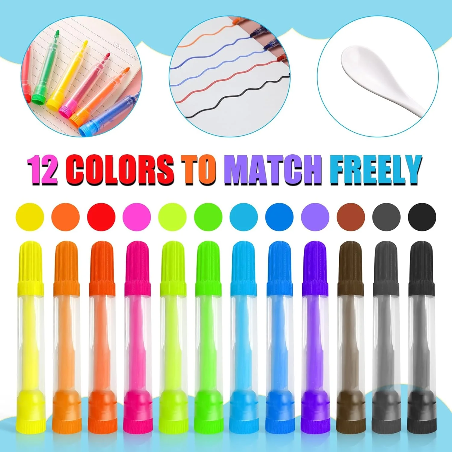 مجموعه قلم طراحی شناور جادویی، ماژیک های طراحی آبی 12 رنگ با قاشق سرامیکی، قلم های جادویی پفکی DIY برای هنر و کاردستی کودکان، اسباب بازی های خلاقانه طراحی شناور آبی هدیه برای پسران و دختران