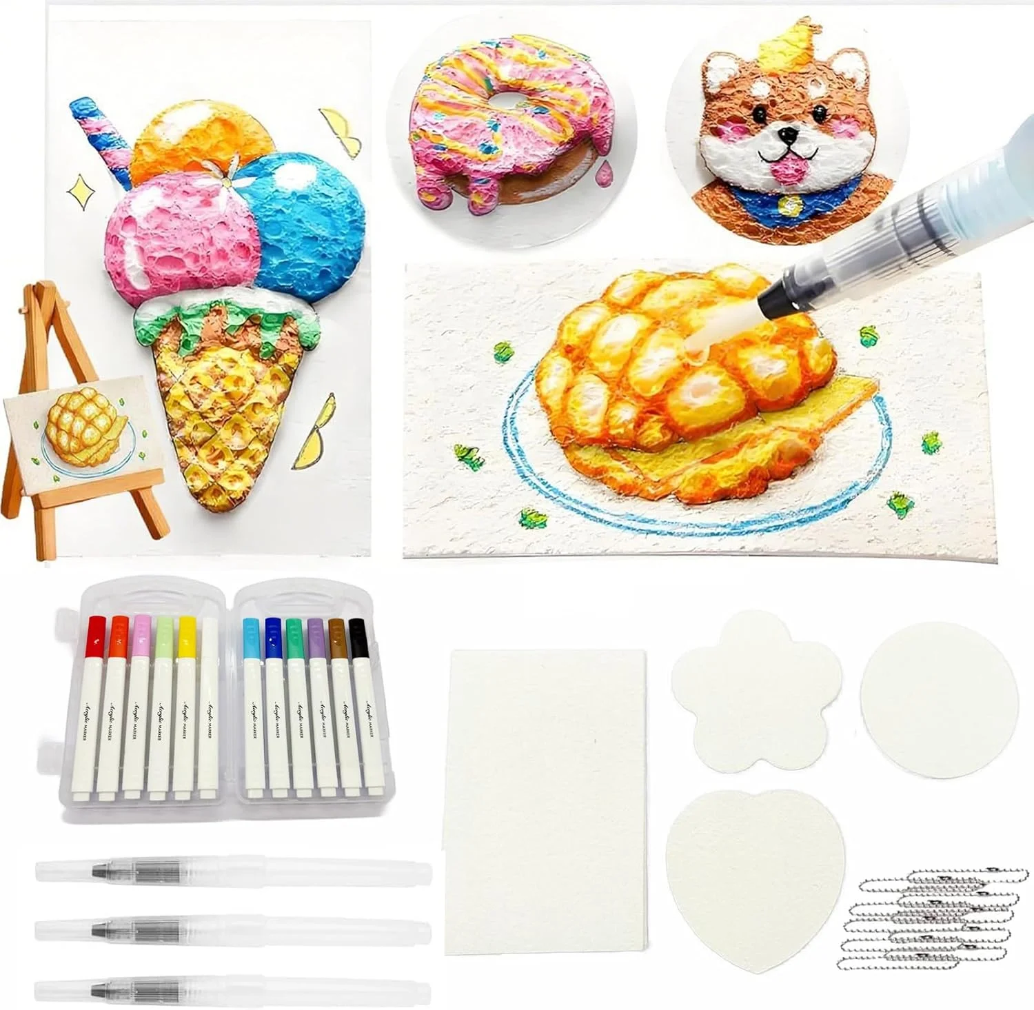 ست رنگ پفی جادویی، ست نقاشی با بافت فوم جادویی، لوازم هنری قلم طراحی حباب سه بعدی DIY برای کاردستی با 16 بوم اسفنجی، 12 قلم رنگی، 3 قلم آب، 10 زنجیر مهره و 1 سه پایه کوچک