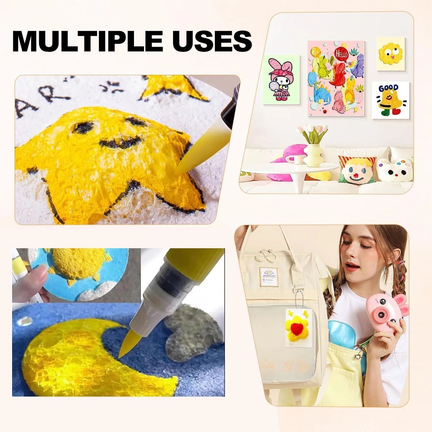 رنگ پفی جادویی، اسفنج بوم نقاشی سه بعدی، کیت نقاشی بافت نهایی، رنگ پارچه پفی ایمن و غیر سمی برای هنر و صنایع دستی DIY، نقاشی های پفکی برجسته روی کاغذ (مستطیل)