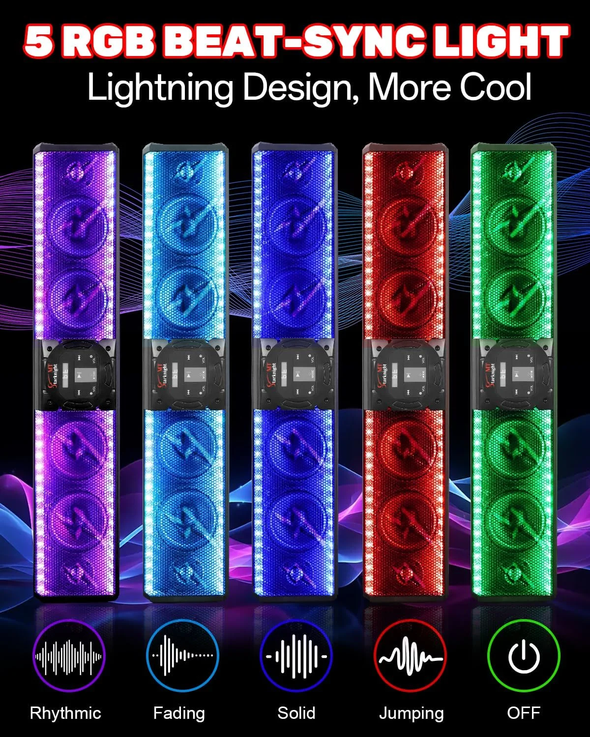 StarknightMT UTV Sound Bar TWS Bluetooth Speaker Golf Cart Sound Bar,Waterproof SxS Soundbar with Lightning RGB Lights 6-Speaker Compatible with RZR X3 Pioneer Talon - 1.25"- 2" Roll Cage