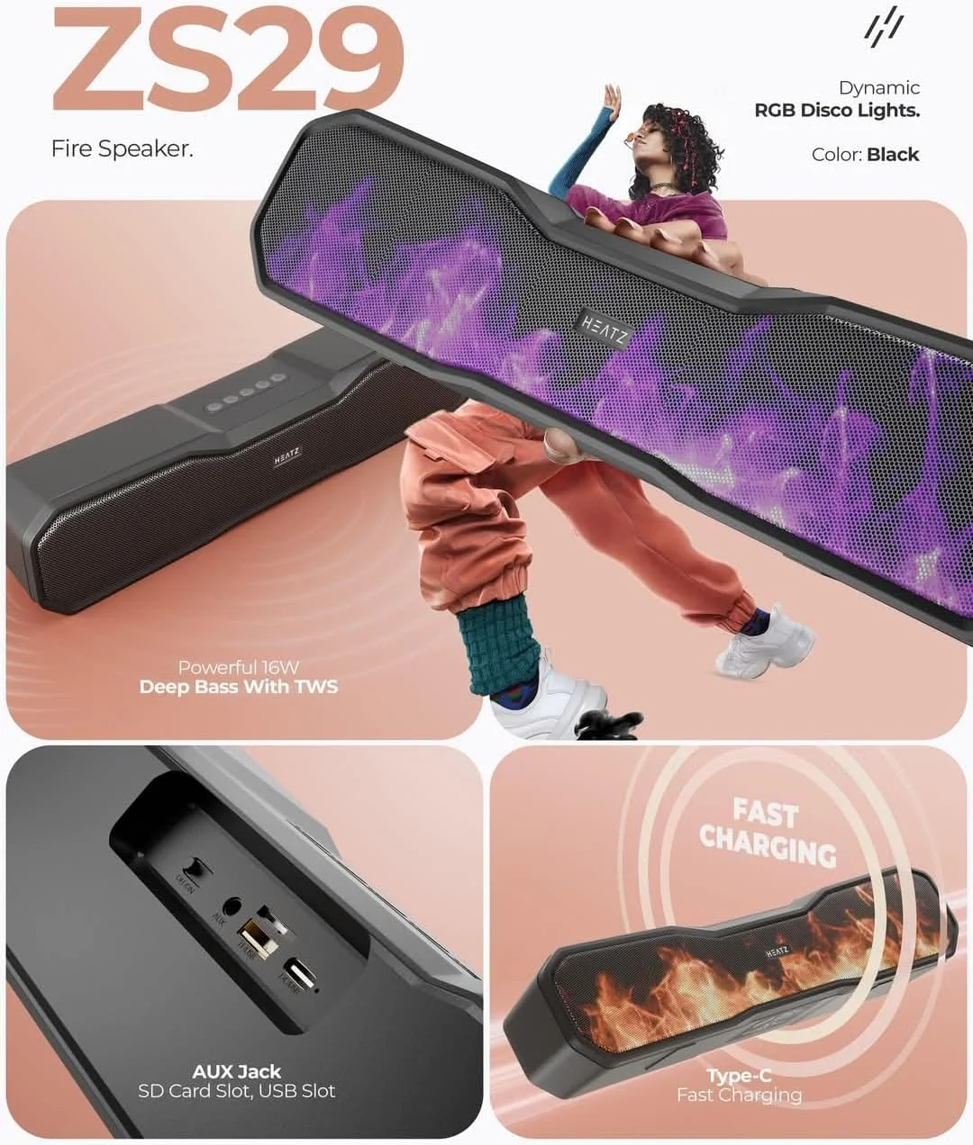 ساندبار دیسکویی Heatz ZS29، اسپیکر بلوتوثی 16 واتی با بیس قوی، نورهای RGB، شارژ سریع Type-C، کارت SD، درگاه USB، جک AUX، مشکی