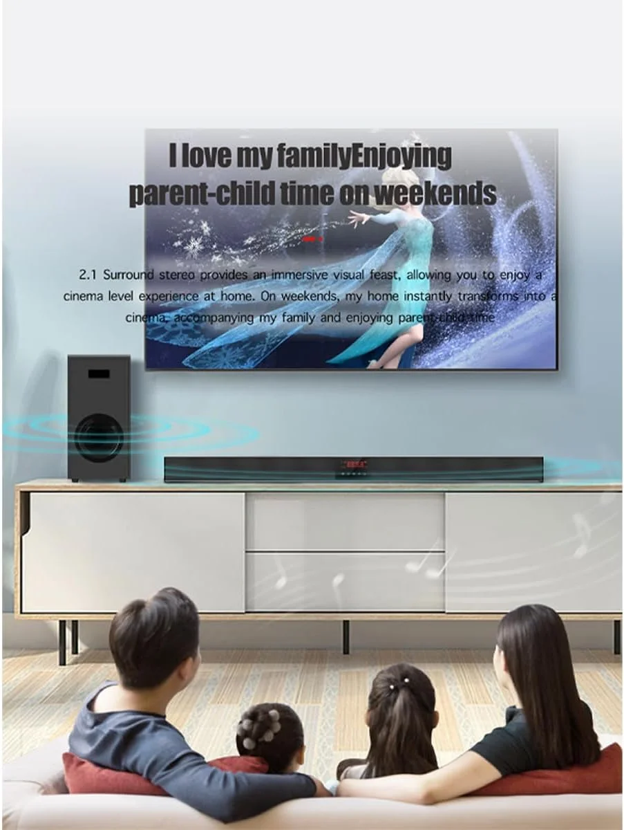 سیستم ساندبار 2.1 کاناله با ساب ووفر بی سیم، توان خروجی 300 وات، پخش بلوتوث، اتصال HDMI و اپتیکال، مشکی