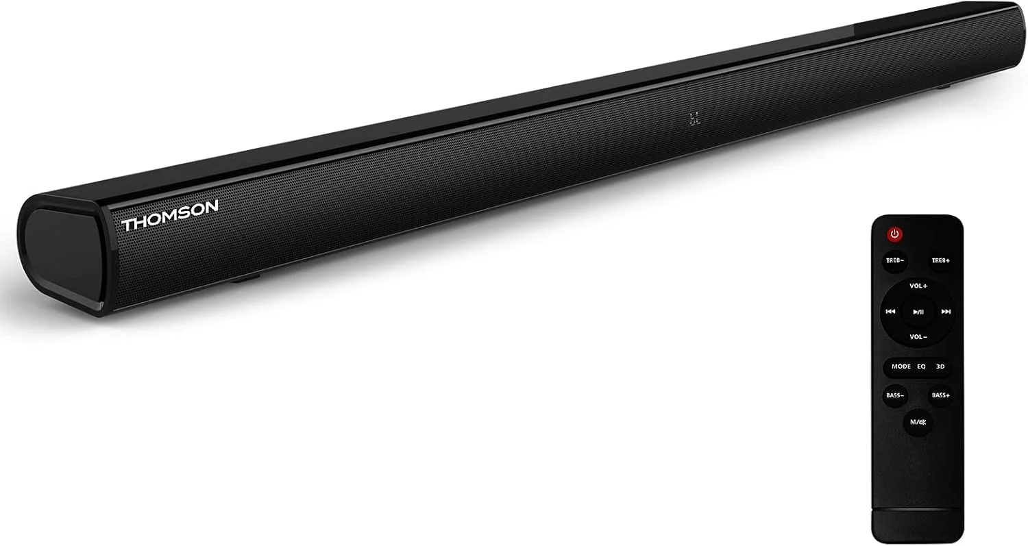 اسپیکر نواری تلویزیون THOMSON مدل B202، سیستم صوتی استریو HiFi برای تلویزیون، سینمای خانگی با صدای فراگیر، بلندگوی بازتاب باس، 35 اینچ، بلوتوث 5.0، 3 حالت EQ، صدای DSP، باس قابل تنظیم، HDMI/ARC/AUX/Opti/Coax/USB