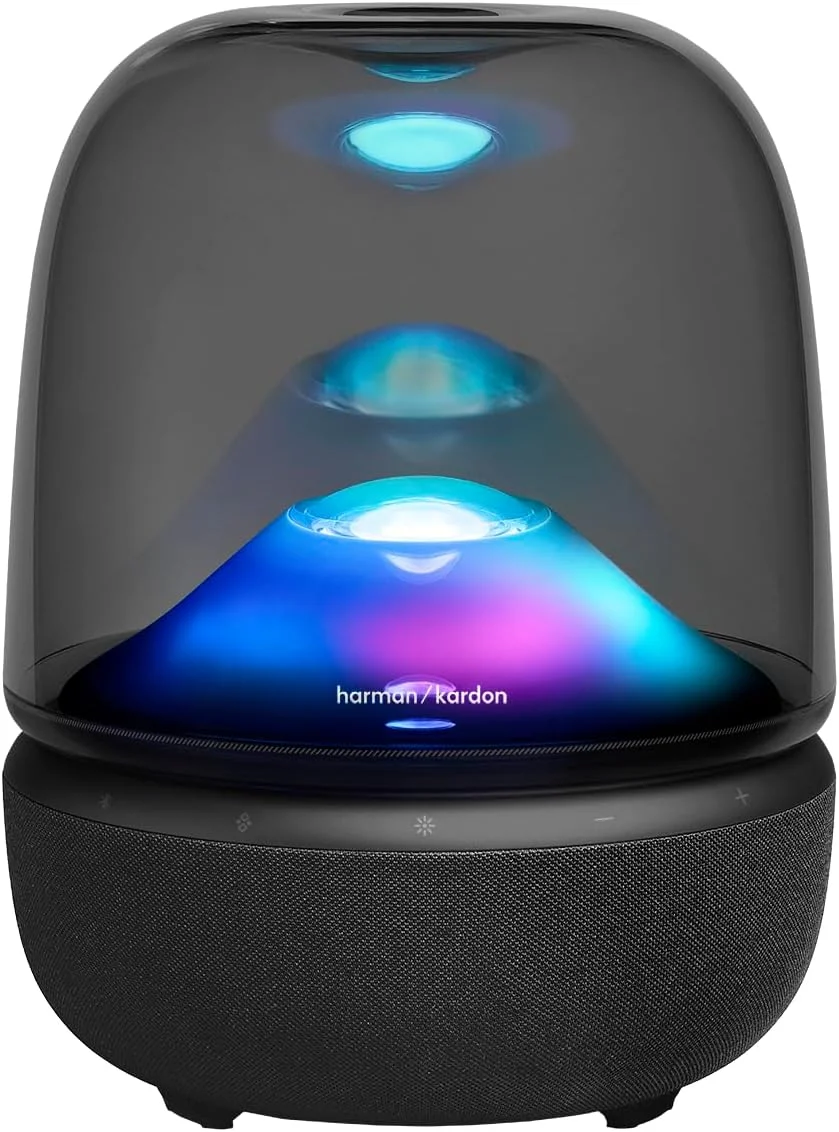 اسپیکر بلوتوث خانگی Harman Kardon Aura Studio 5 | نورپردازی 360 درجه | میدان صوتی ثابت 3 طرفه | ساب ووفر بیس عمیق | Auracast™ چند اسپیکر | طراحی گنبدی شفاف ممتاز