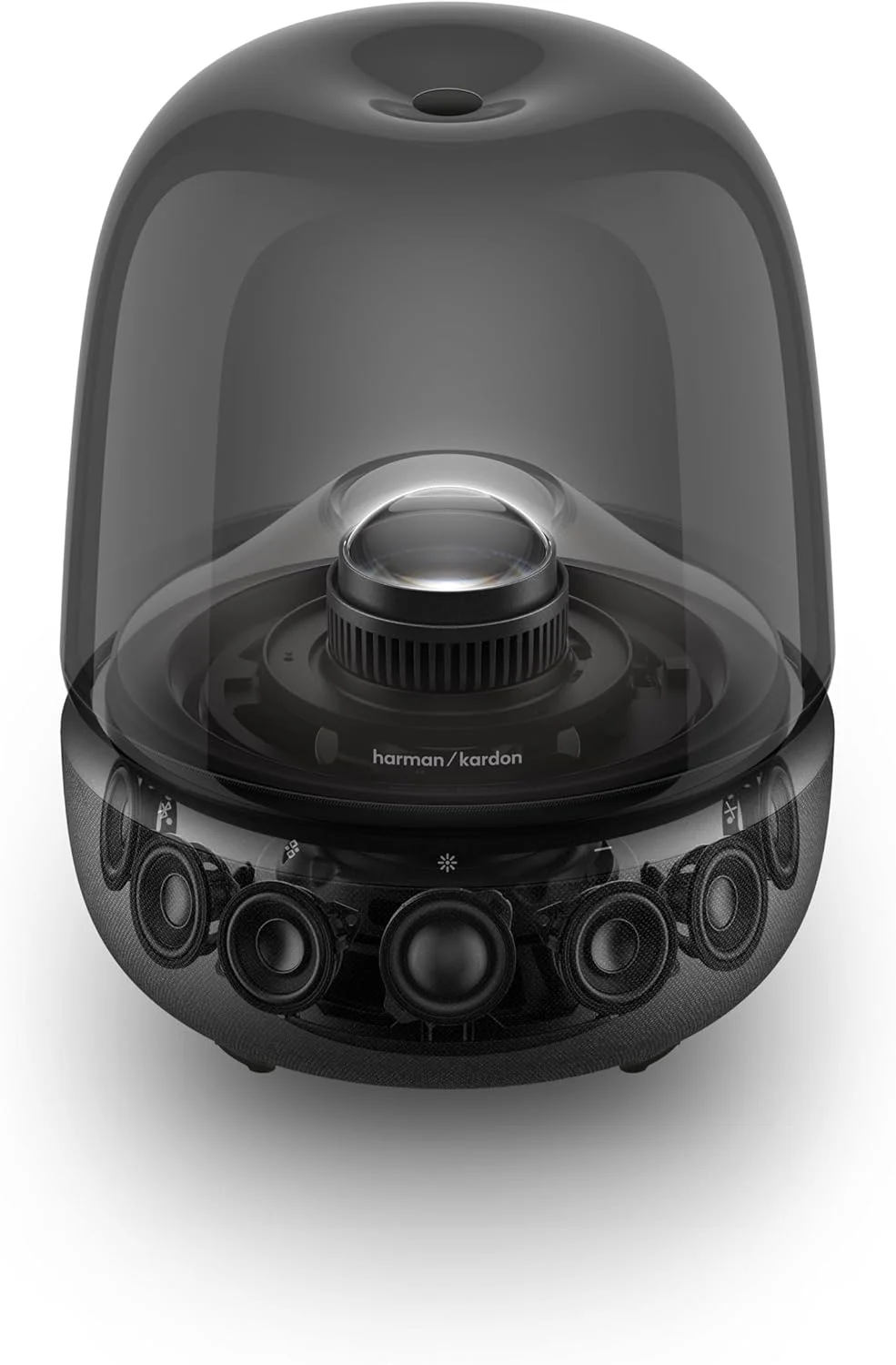 اسپیکر بلوتوث خانگی Harman Kardon Aura Studio 5 | نورپردازی 360 درجه | میدان صوتی ثابت 3 طرفه | ساب ووفر بیس عمیق | Auracast™ چند اسپیکر | طراحی گنبدی شفاف ممتاز