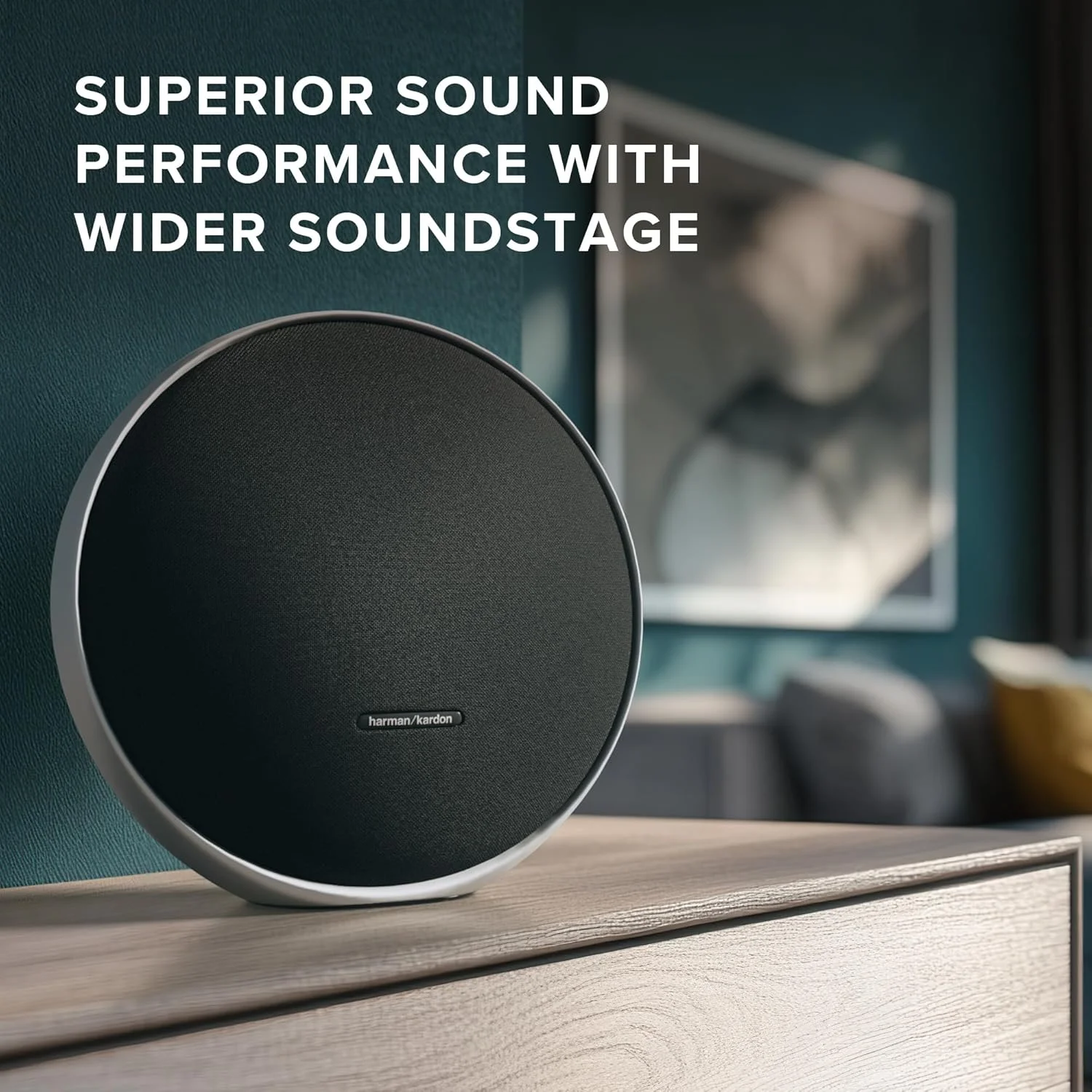 اسپیکر بلوتوث استریو خانگی قابل حمل Harman Kardon Onyx Studio 9، صدای برتر، استیج صدای گسترده تر، اتصال چند اسپیکر، باتری داخلی، تنظیم خودکار، برنامه Harman Kardon One، خاکستری