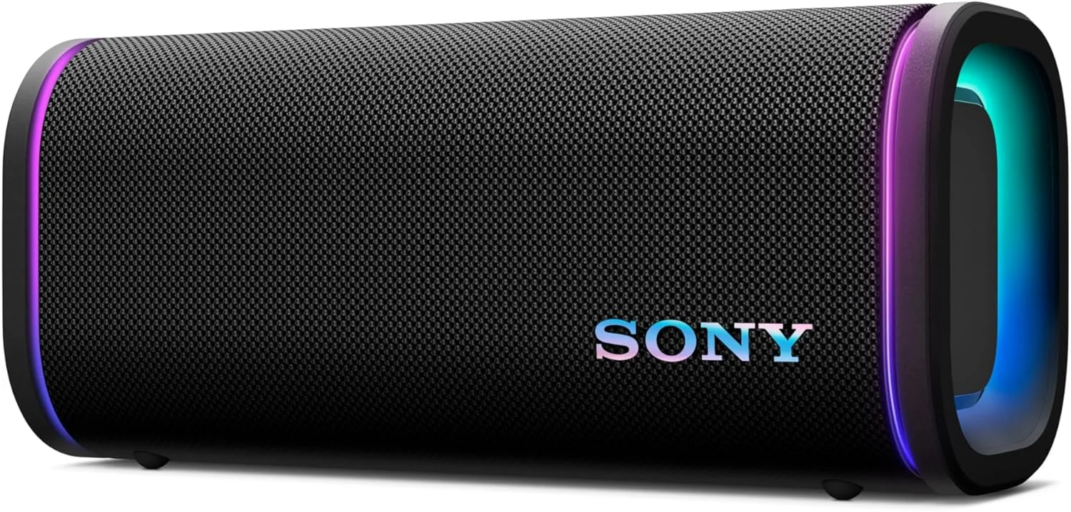 اسپیکر بلوتوثی قابل حمل سونی مدل ULT Field 5، ضد آب، ضد گرد و غبار و ضد زنگ با استاندارد IP67، دارای بیس تقویت شده، باتری با 25 ساعت عمر، نورپردازی مهمانی 360 درجه و بند شانه ای، مشکی