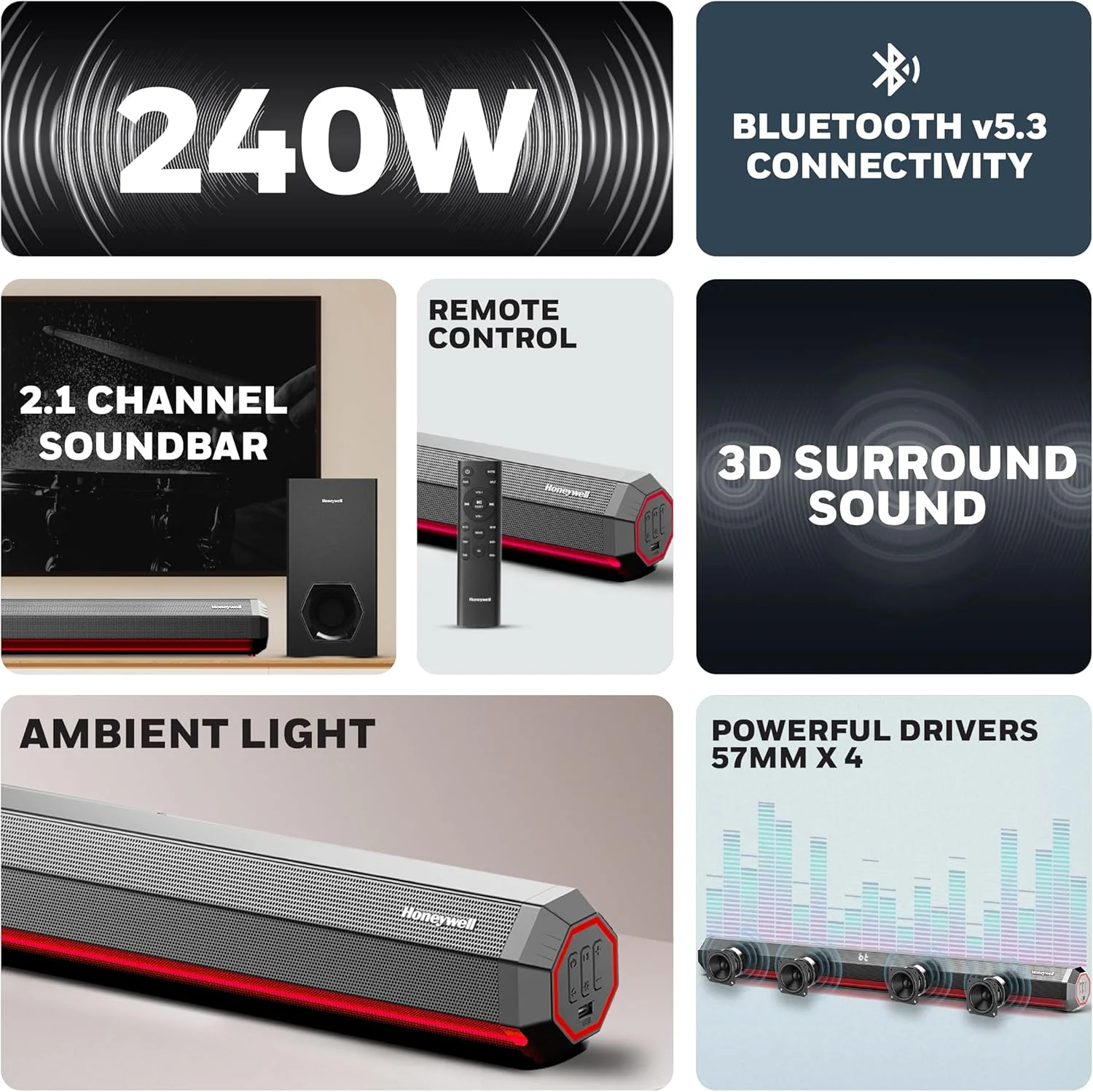 هانیول ترونو U4000 ساندبار 240 وات، صدای فراگیر 2.1 کاناله سینمای خانگی، ساب ووفر باس عمیق، 3 حالت EQ، نمایشگر و چراغ های LED، بلوتوث نسخه 5.3، AUX، USB، ورودی اپتیکال، HDMI/ARC، ریموت کنترل شیک هانیول ترونو U4000 ساندبار 240 وات، صدای فراگیر 2.1 کاناله سینمای خانگی، ساب ووفر باس عمیق، 3 حالت EQ، نمایشگر و چراغ های LED، بلوتوث نسخه 5.3، AUX، USB، ورودی اپتیکال، HDMI/ARC، ریموت کنترل شیک