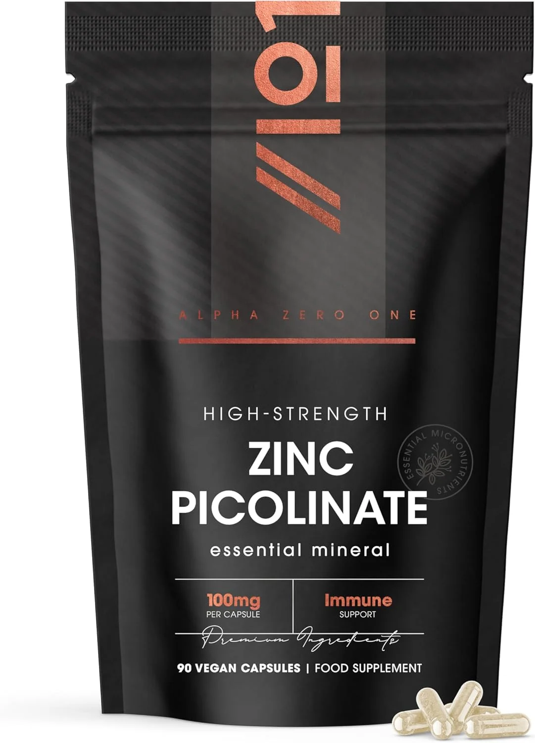 پیکولینات روی 100 میلی گرم - پشتیبانی از سیستم ایمنی - 90 کپسول گیاهی (3 ماه تامین) - کیسه قابل بازیافت و دارای قابلیت بستن مجدد توسط Alpha01