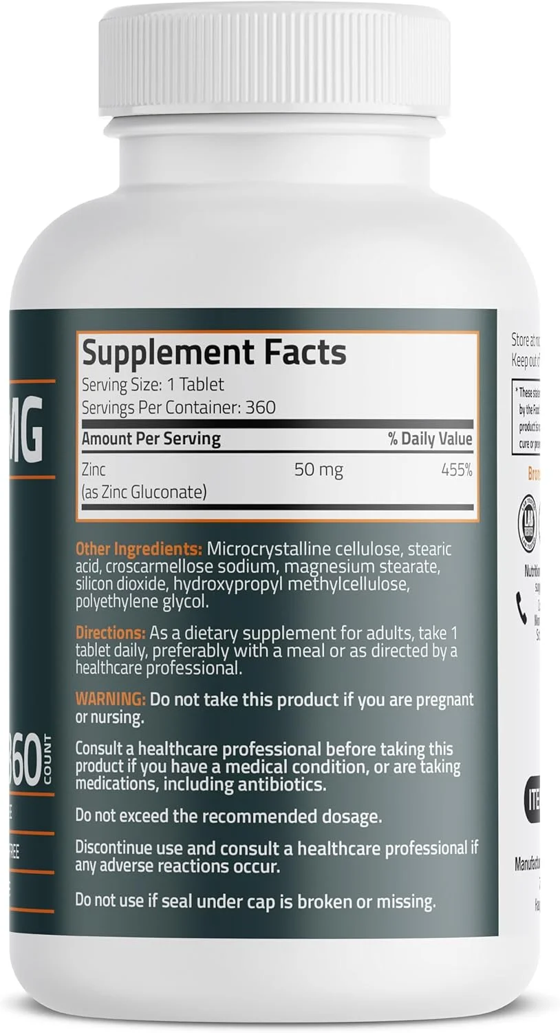 روی 50 میلی گرم با قدرت بالا، تامین یک ساله، پشتیبانی از سلامت سیستم ایمنی، آنتی اکسیدان و پوست - غیر GMO، 360 قرص گیاهی