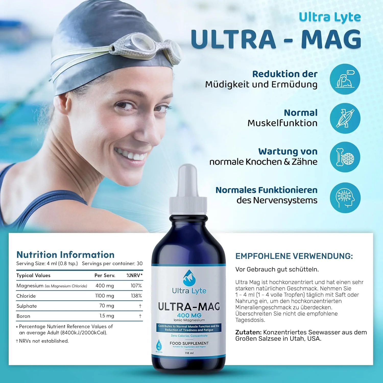 مکمل منیزیم یونی الترا لایت الترا مگ – مکمل غذایی 118 میلی لیتری – مواد معدنی مایع غلیظ 400 میلی گرم – کاهش خستگی و کوفتگی – پشتیبانی از تعادل الکترولیت و عملکرد عضلات