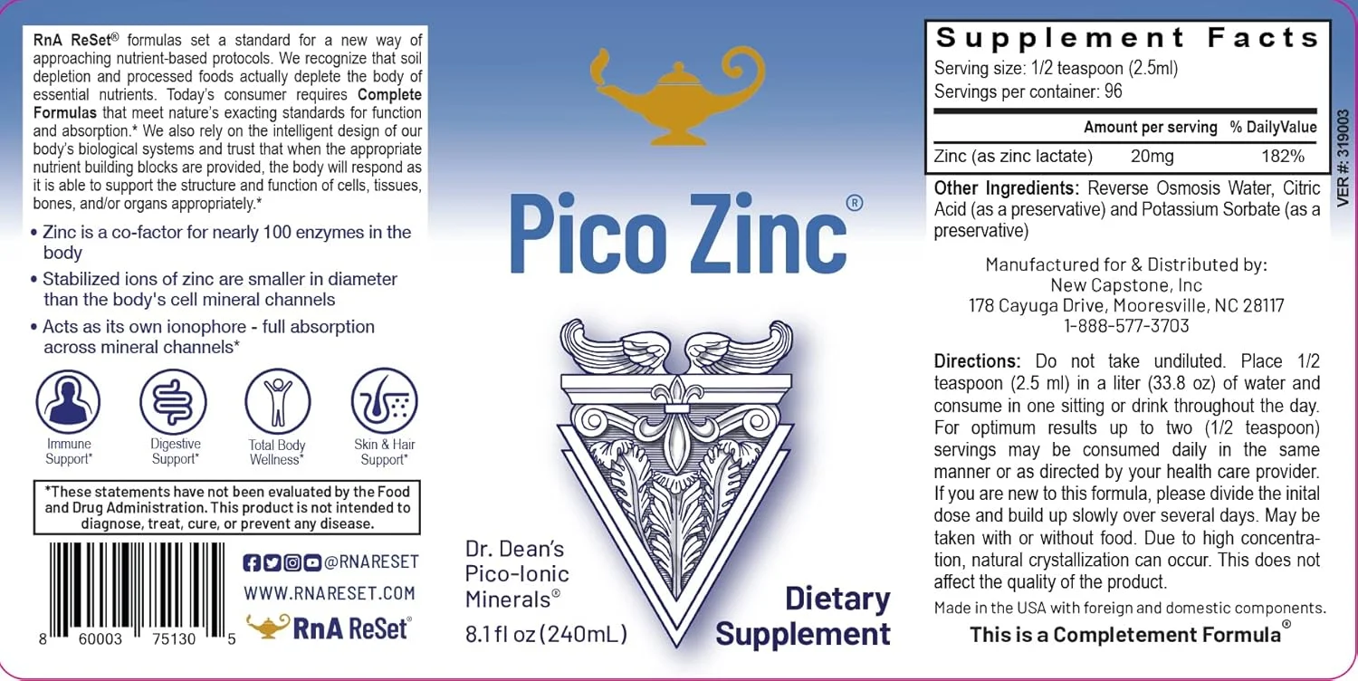 RnA ReSet - پیکو-زینک، محلول پیکومتری زینک، تقویت سیستم ایمنی، گوارش، پوست، مو و سلامتی کامل بدن - 240 میلی لیتر
