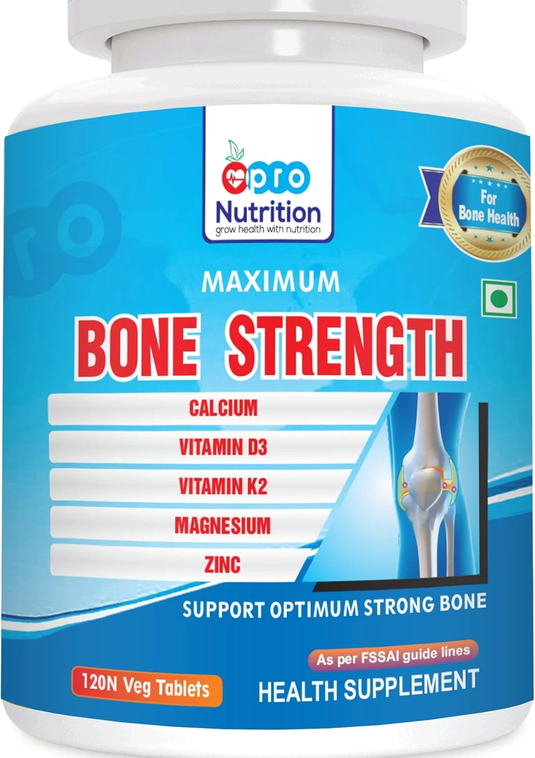 پرو نوتریشن تقویت استخوان با سیترات کلسیم + ویتامین D3 + ویتامین K2 + سیترات منیزیم، مکمل روی برای سلامت کامل استخوان - 120 قرص گیاهی