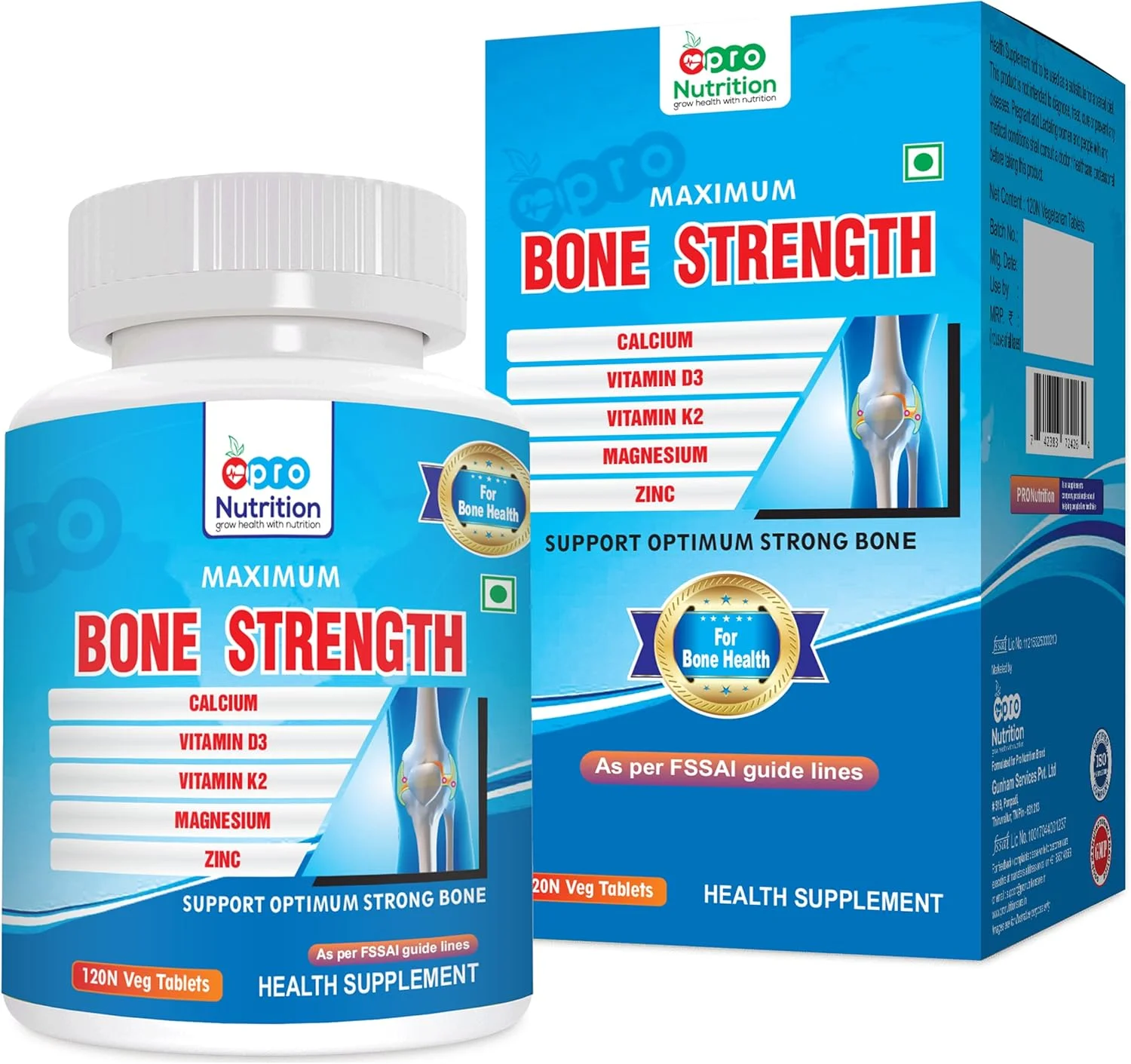 پرو نوتریشن تقویت استخوان با سیترات کلسیم + ویتامین D3 + ویتامین K2 + سیترات منیزیم، مکمل روی برای سلامت کامل استخوان - 120 قرص گیاهی