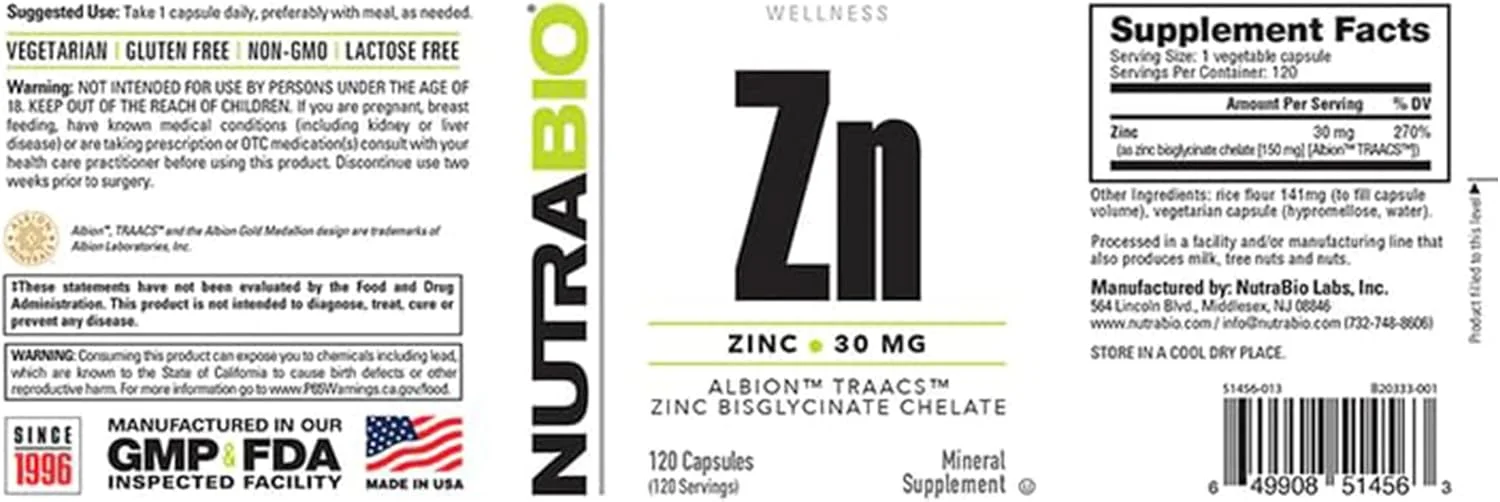 مکمل مواد معدنی زینک کلات NutraBio - برای رشد، تکامل و سلامت سیستم ایمنی - 30 میلی گرم زینک در هر کپسول گیاهی - 120 سروینگ مکمل مواد معدنی زینک کلات NutraBio - برای رشد، تکامل و سلامت سیستم ایمنی - 30 میلی گرم زینک در هر کپسول گیاهی - 120 سروینگ