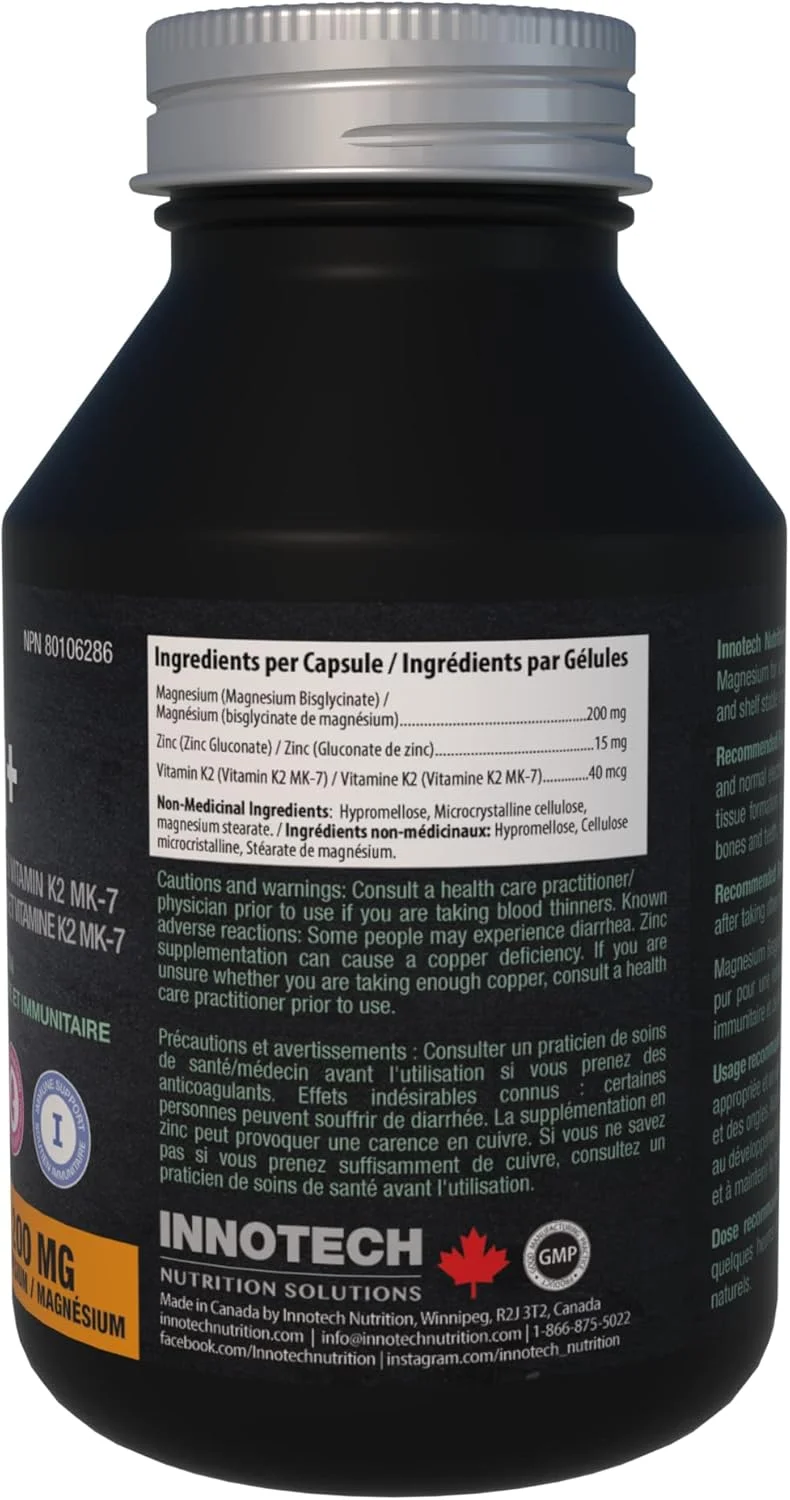 محلول های تغذیه ای اینوتک منیزیم + 120 کپسول - حاوی منیزیم بیس گلیسینات، زینک گلوکونات و ویتامین های K2، MK-7 - حفظ عملکرد مناسب عضلات و سیستم ایمنی