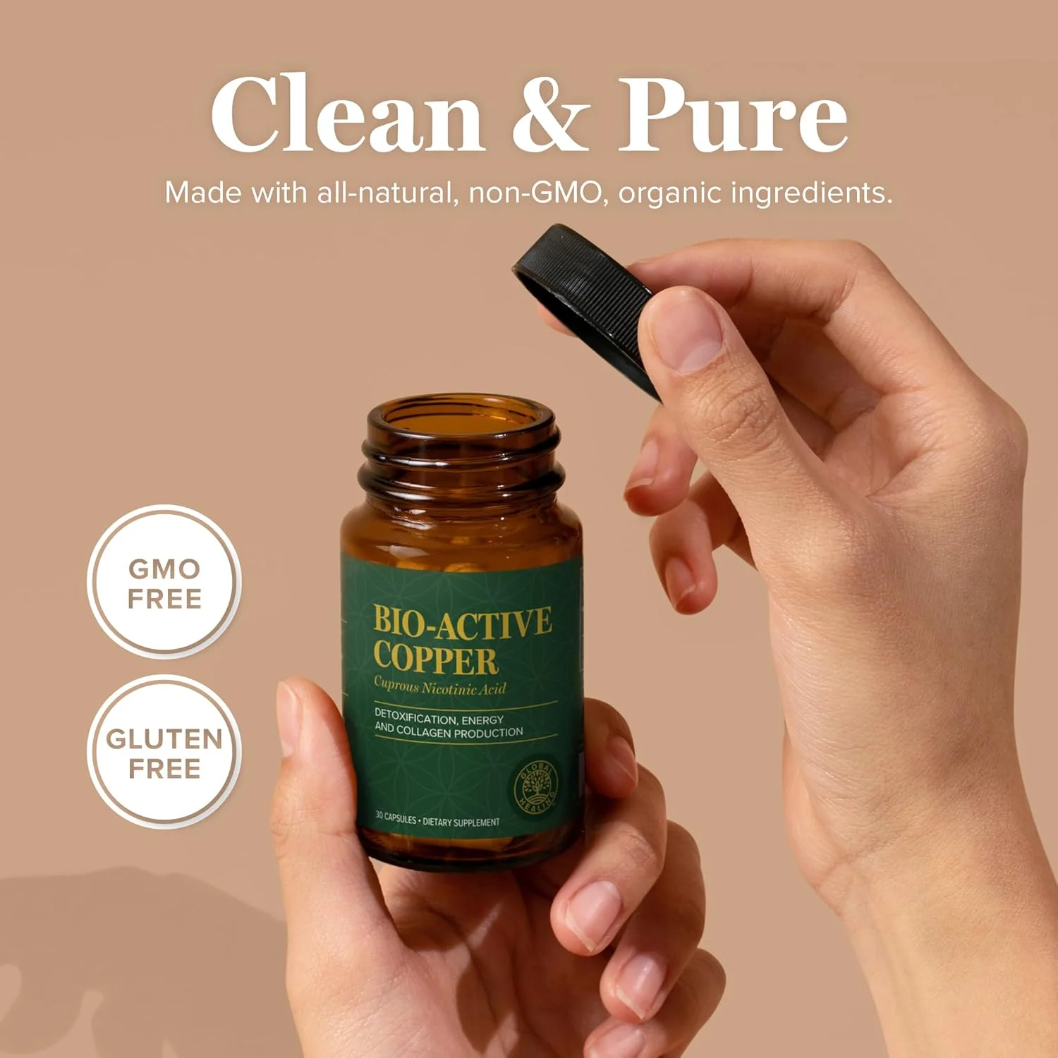 مکمل مس فعال شده با میکرو Cu1 Global Healing - اسید نیکوتینیک کوپروس به سم زدایی بدن از درون کمک می کند - پشتیبانی از سیستم ایمنی، انرژی بالا و گلبول قرمز - بدون گلوتن، غیر GMO - 30 کپسول
