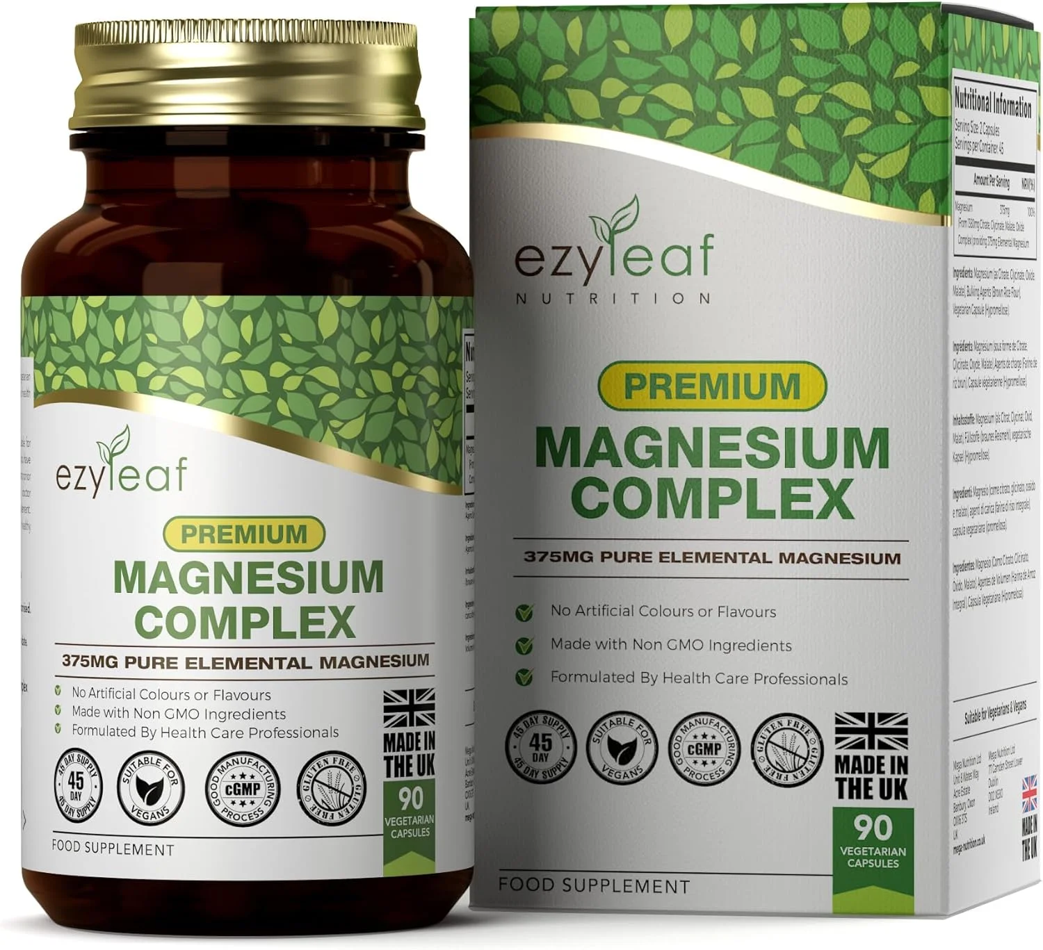 کپسول های منیزیم با دوز بالا Ezyleaf | 375 میلی گرم منیزیم در هر وعده | گلیسینات منیزیم، مالات منیزیم و سیترات منیزیم | 90 کپسول گیاهی | دارای گواهینامه ISO، بدون آلرژن و گلوتن | ساخت