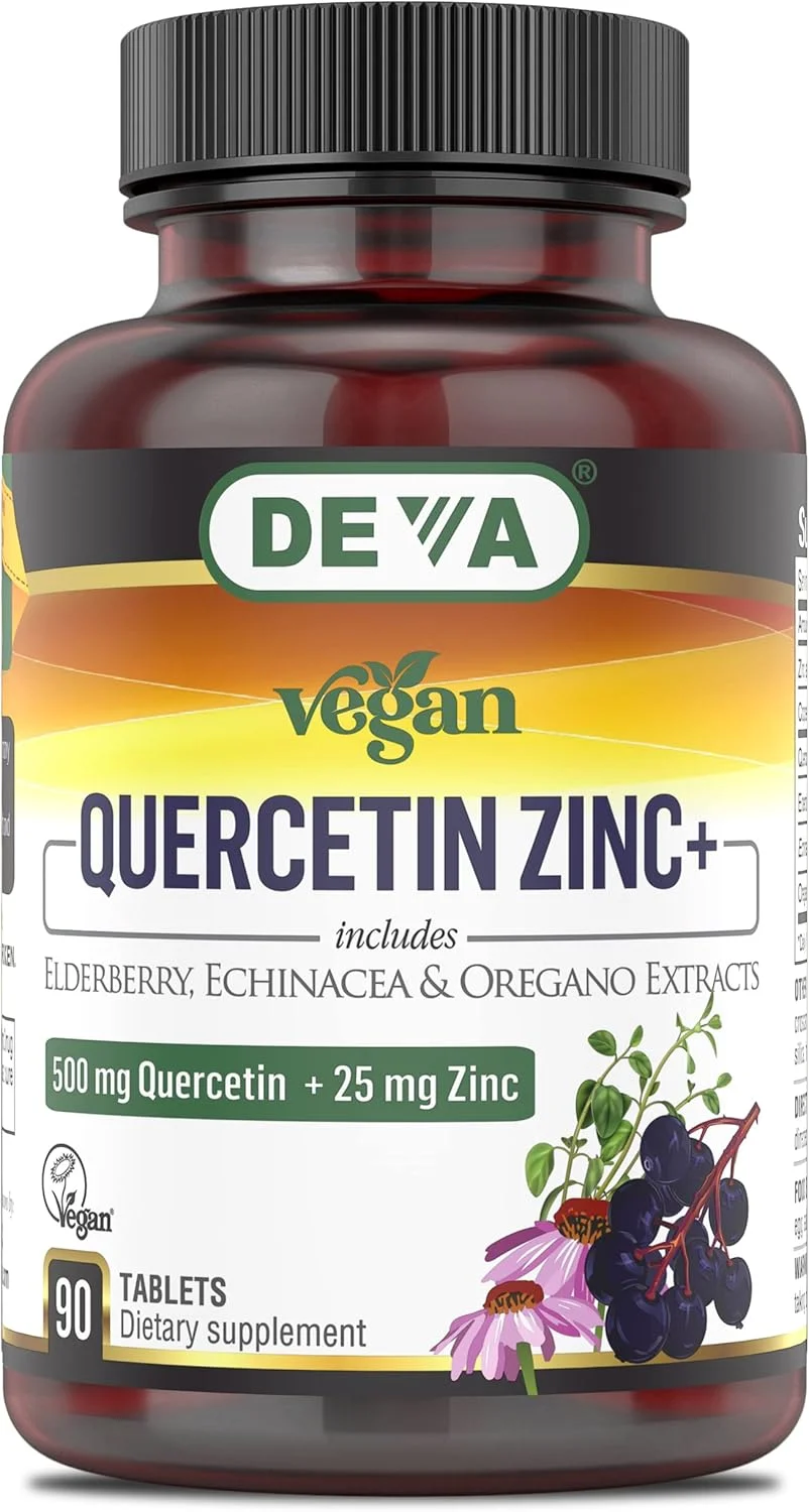 قرص کوئرستین 500 میلی گرمی گیاهی Deva به همراه 25 میلی گرم زینک با عصاره های الدربری، اکیناسه و اورگانو - بدون مواد حیوانی - 90 عدد، بسته 1 عددی
