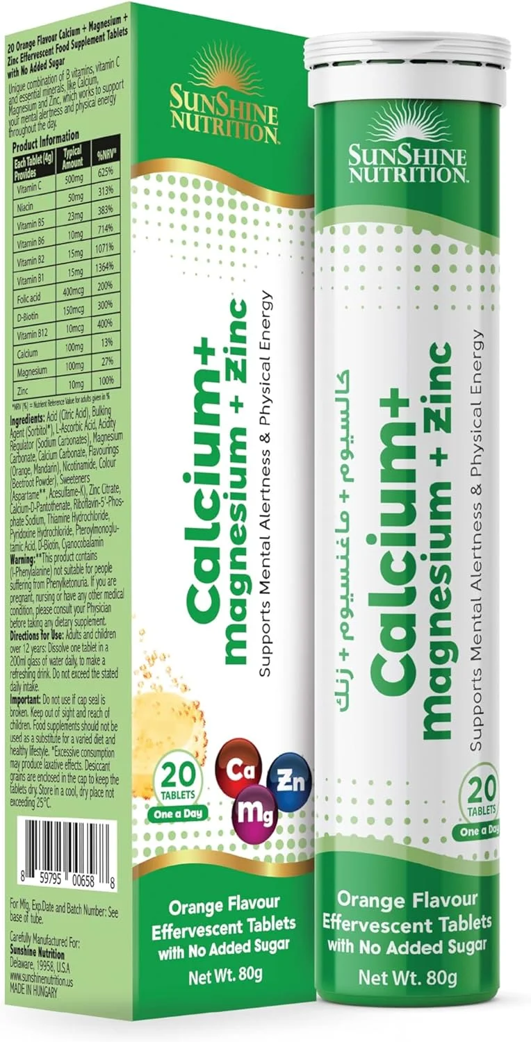 قرص جوشان کلسیم + منیزیم + روی - پشتیبانی از سلامت استخوان، عصب و عضله با مواد معدنی ضروری + قرص جوشان ویتامین C 1000 میلی گرم طعم پرتقال - کمک به تشکیل کلاژن و پشتیبانی از