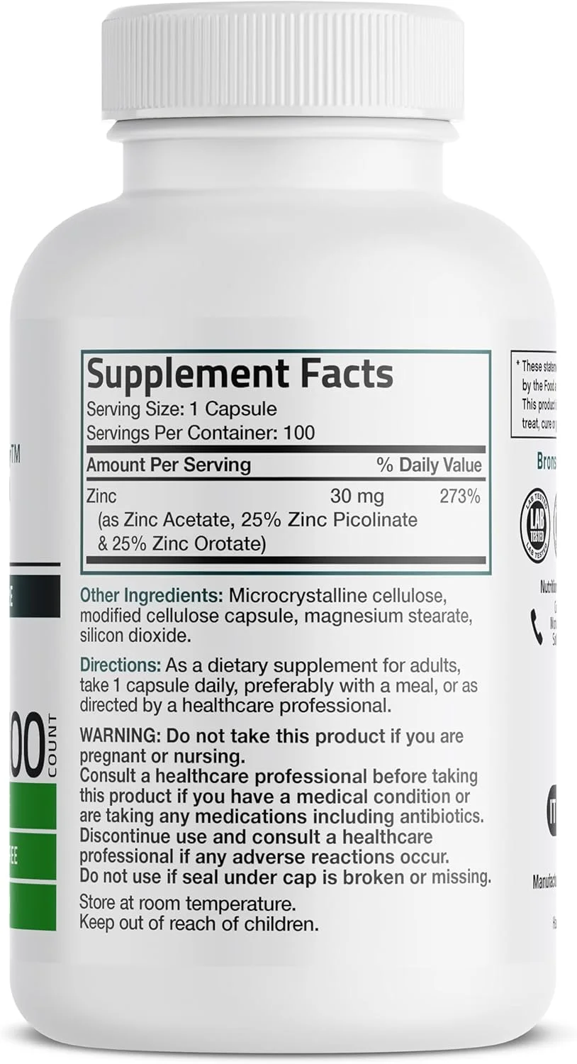 برونسون زینک تریپل پلی 30 میلی گرم، پشتیبانی سه گانه از سیستم ایمنی با زینک استات، پیکولینات و اوروتات - پشتیبانی از سلامت پوست، آنتی اکسیدان و سیستم ایمنی - 100 کپسول گیاهی