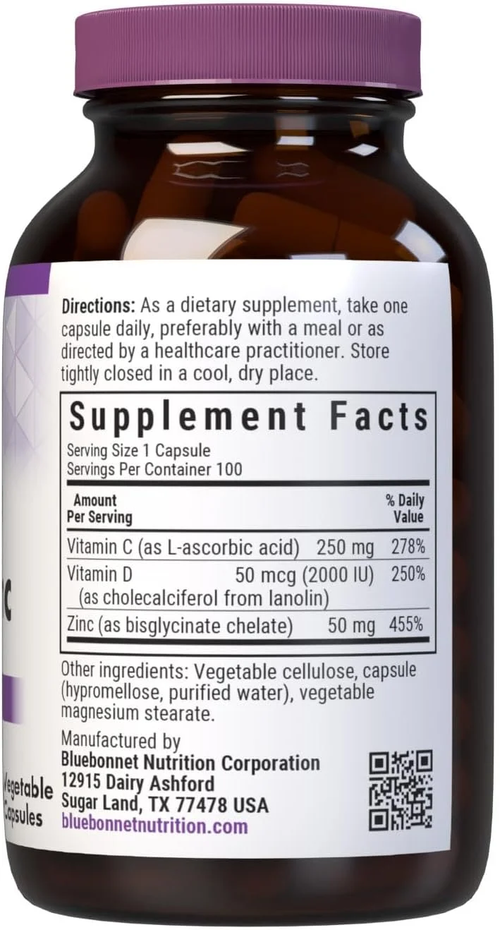 ویتامین C، D3 و زینک بلوبونت نوتریشن، برای سلامت سیستم ایمنی و عملکرد تنفسی*، فاقد سویا، فاقد گلوتن، غیر تراریخته، دارای گواهی کوشر، فاقد لبنیات، 100 کپسول گیاهی، 100 سروینگ