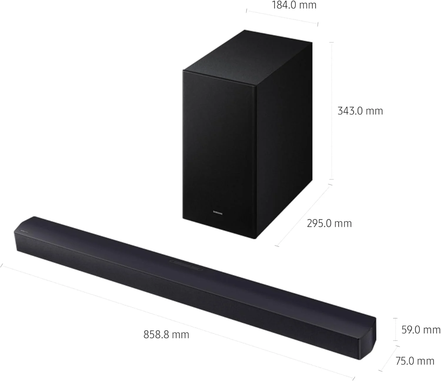 ساندبار سری B سامسونگ، مدل B450F، 2.1 کاناله، دارای ساب ووفر، صدای 2.1 کاناله، Dolby Audio / DTS Virtual:X، تقویت بیس، صدای تطبیقی، مدل HW-B450F/ZN (نسخه 2025 - امارات)