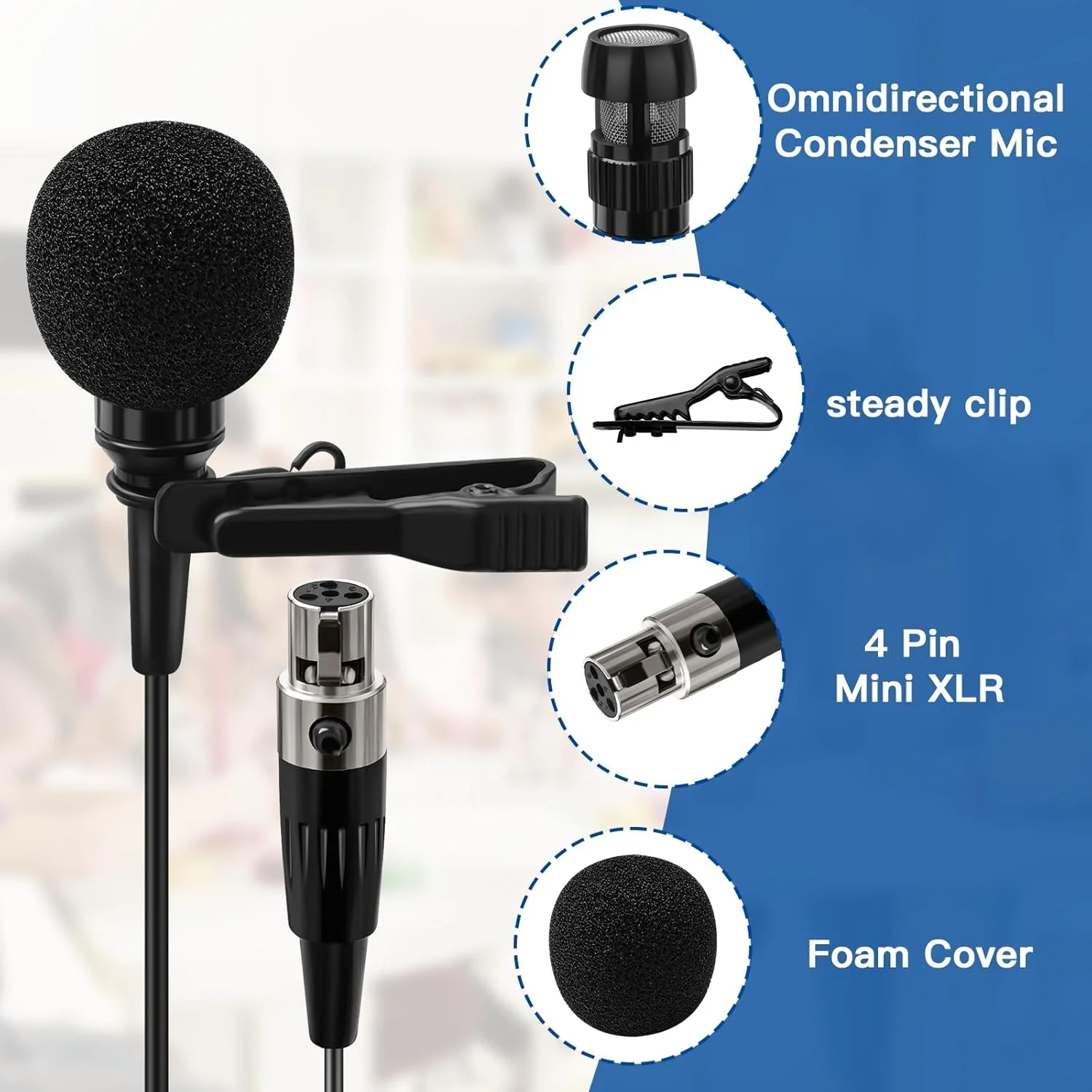 بسته 2 عددی میکروفون یقه‌ای لاوالیر، میکروفون کندانسور یک جهته کلیپسی، میکروفون مینی XLR 4 پین TA4F فقط برای , مناسب برای ولاگ، مصاحبه، تدریس، هندزفری، مشکی