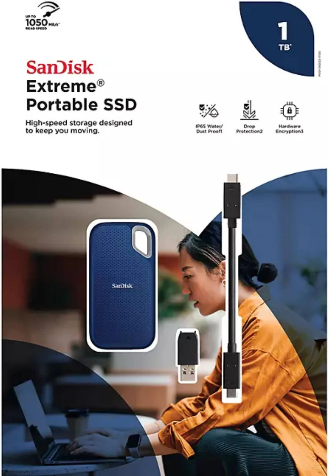 حافظه اس اس دی اکسترنال قابل حمل سن‌دیسک Extreme با ظرفیت 1 ترابایت، USB 3.2 Gen 2 Type-C، سرعت خواندن و نوشتن تا 1050 مگابایت بر ثانیه، رمزگذاری سخت‌افزاری AES 256 بیتی، حلقه کارابین، IP65، ذخیره‌سازی حرفه‌ای، آبی | SDSSDE53-1T00-ASRB