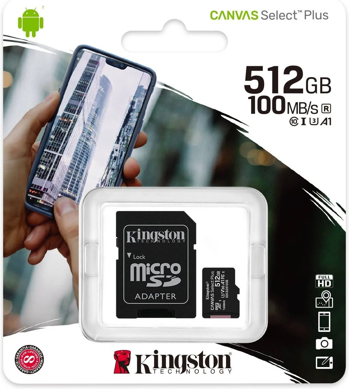 کارت حافظه microSD کینگستون Canvas Select Plus، کلاس سرعت UHS-I، U3، V30، سرعت خواندن/نوشتن تا 100/85 مگابایت بر ثانیه، فرمت exFAT، شامل آداپتور SD، مشکی | SDCS2/512GB