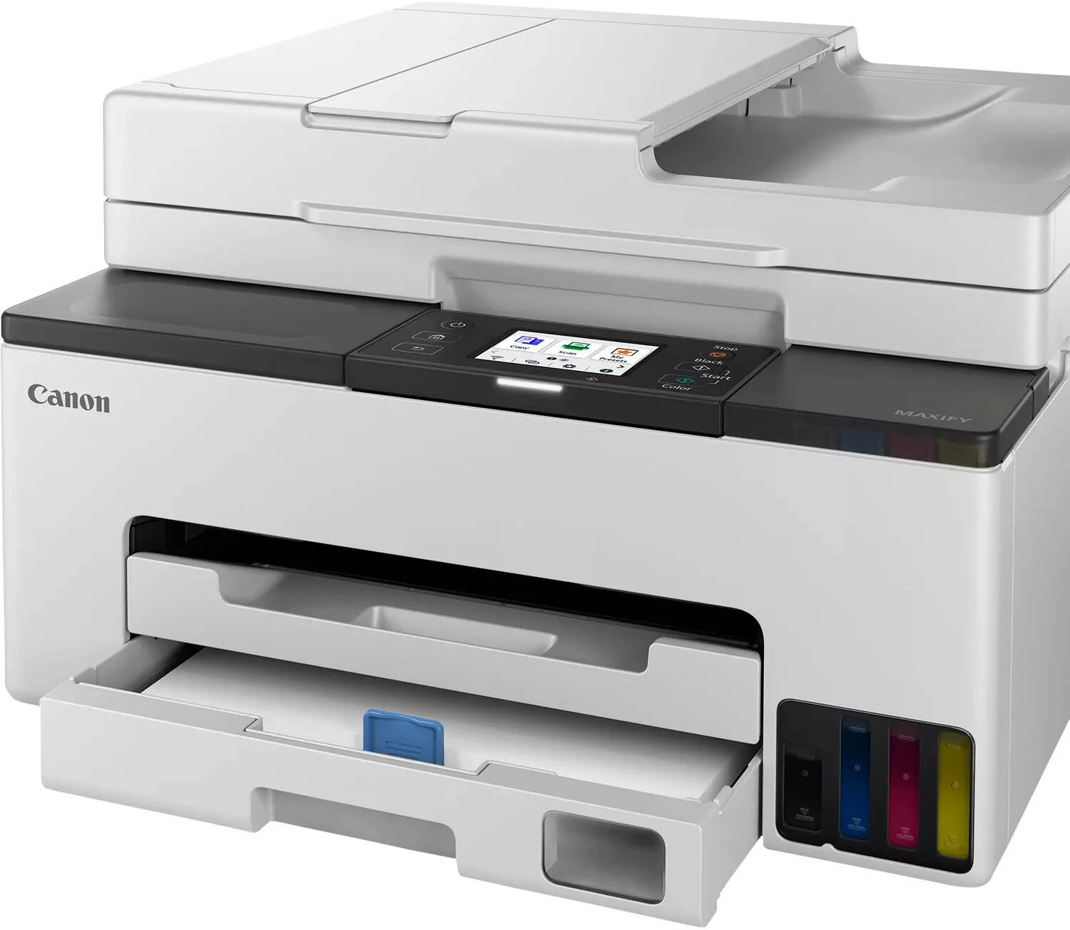 پرینتر مخزن جوهر کانن MAXIFY GX2040، قابلیت چندکاره، قابلیت پر کردن مجدد مخزن جوهر، بطری های جوهر با بازدهی بالا، سرعت چاپ 24 صفحه در دقیقه برای سیاه و سفید و 15.5 صفحه در دقیقه برای رنگی، اتصال بی سیم، تغذیه کننده خودکار اسناد (ADF)، سفید | GX2040