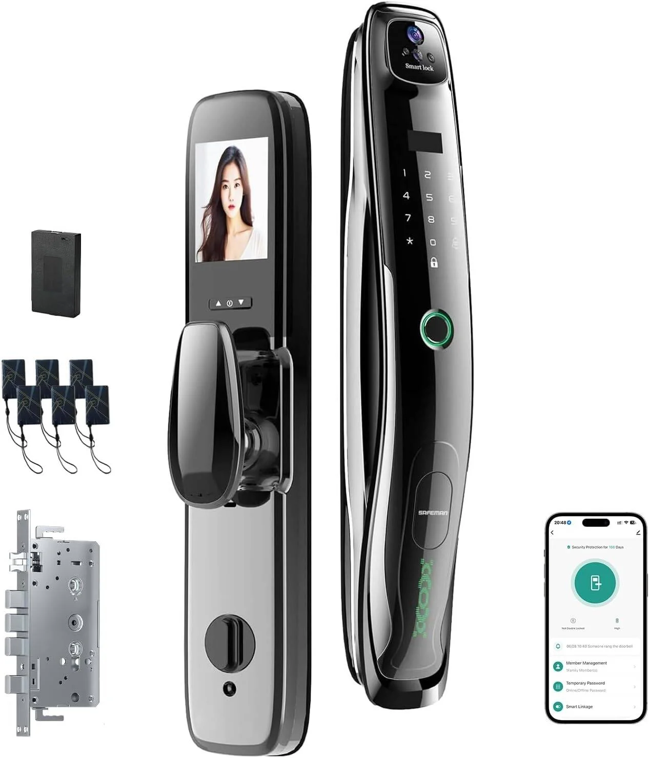 قفل هوشمند Pohaytipe، باتری 5000 میلی آمپر ساعت با اینترکام فعال، تشخیص چهره سه بعدی، اثر انگشت، اثر کف دست، کنترل Tuya Wifi، تنظیم بیومتریک R/L برای Airbnb، خانه، هتل، دفتر (M03pro، روشن)