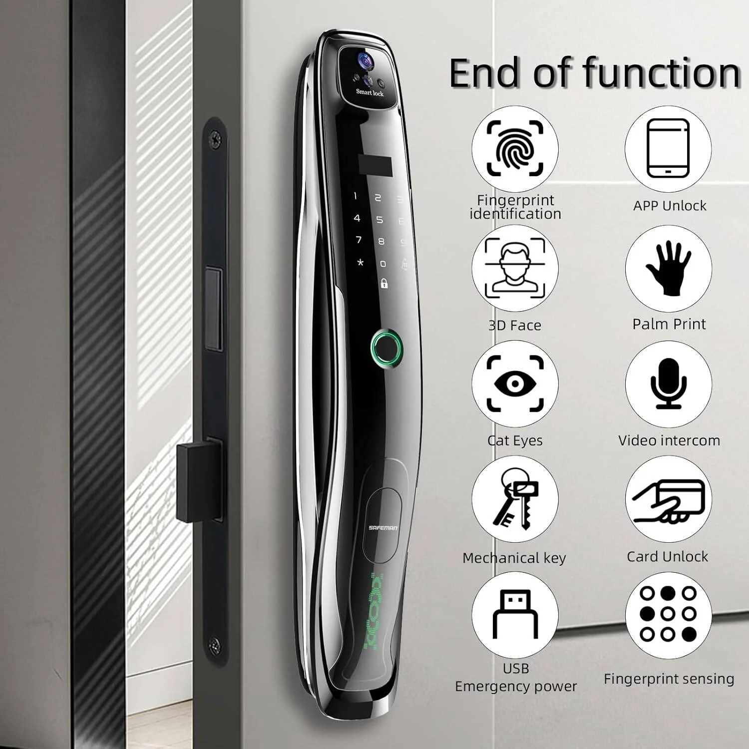 قفل هوشمند Pohaytipe، باتری 5000 میلی آمپر ساعت با اینترکام فعال، تشخیص چهره سه بعدی، اثر انگشت، اثر کف دست، کنترل Tuya Wifi، تنظیم بیومتریک R/L برای Airbnb، خانه، هتل، دفتر (M03pro، روشن)