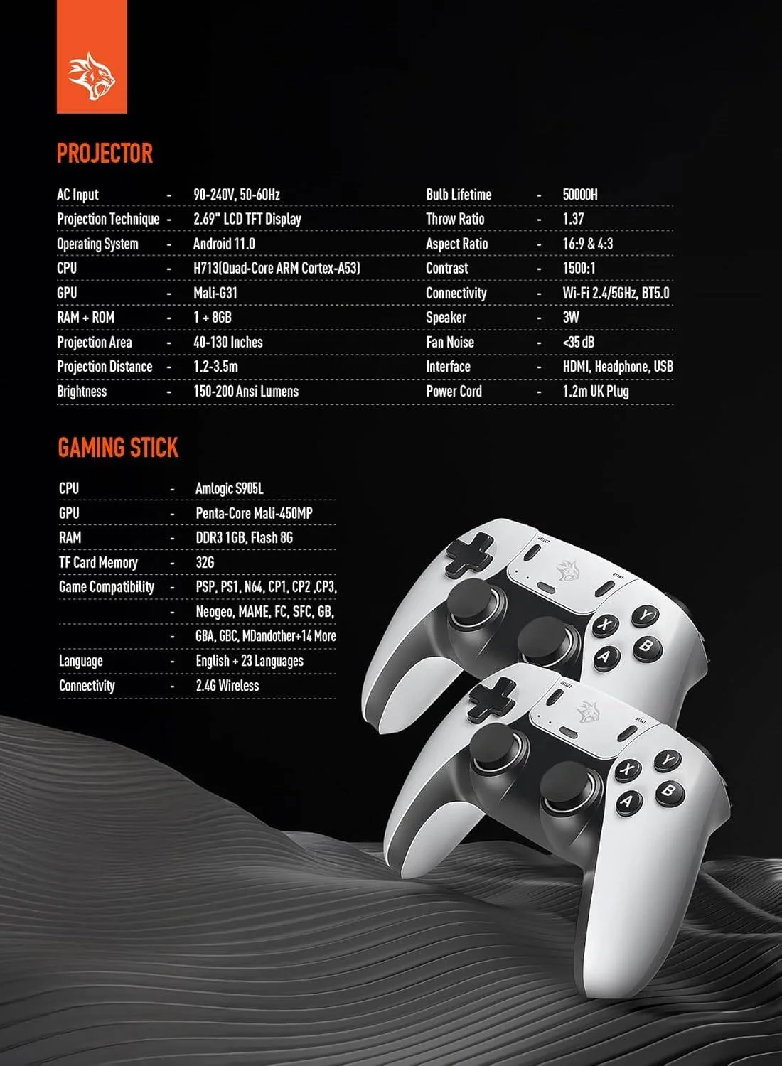 پروژکتور گیمینگ 4K پورودو اندروید 11 با تصحیح خودکار کیستون و کنترلر گیم پد، +20000 بازی، روشنایی 200 انسی لومن، تصحیح خودکار کیستون، 1 گیگابایت رم 8 گیگابایت رام، بلندگوی 3 وات، وای فای 2.4G، بلوتوث 5 ولت