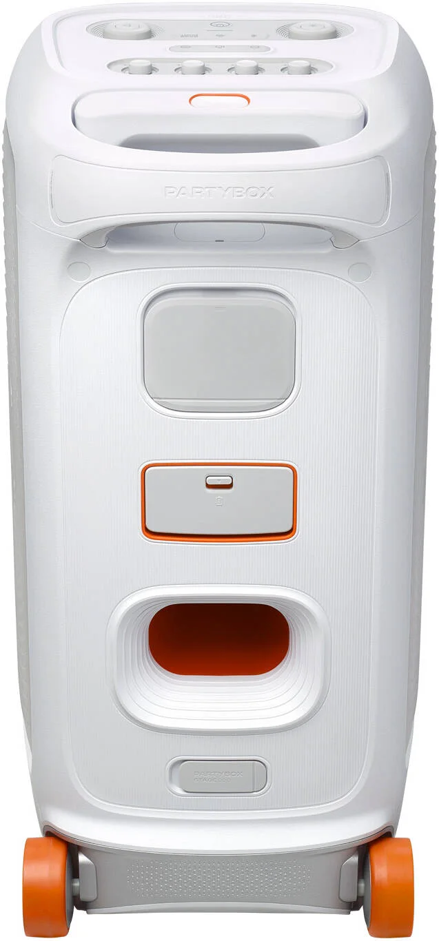 اسپیکر بلوتوثی قابل حمل JBL PartyBox Stage 320، با چرخ، بلوتوث 5.4، توان 240 وات، مقاوم در برابر پاشش آب، اتصال چند اسپیکر، ورودی میکروفون و گیتار دوگانه، حداکثر زمان پخش 18 ساعت، سفید | JBLPBSTAGE320SW