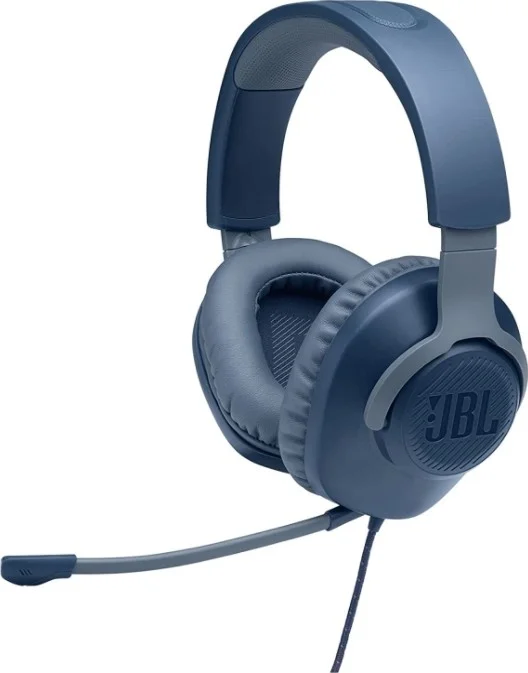 هدست گیمینگ سیمی JBL Quantum 100 با میکروفون تاشو، درایورهای دینامیک 40 میلی‌متری، کنترل‌ها و میکروفون روی گوشی سمت چپ، بالشتک‌های مموری فوم، سازگار با پلتفرم‌های مختلف، 3.5 میلی‌متری، آبی | QUANTUM100-BL