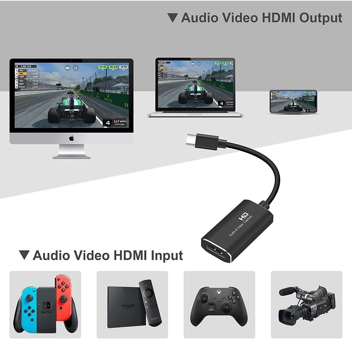 دستگاه کارت کپچر ویدیو X spring، کارت کپچر ویدیویی 4K، کارت کپچر صدا برای ضبط بازی، کارت کپچر بازی با آداپتور USB C، کارت کپچر HDMI به USB C برای ضبط آموزش سیستم عامل مک، خاکستری