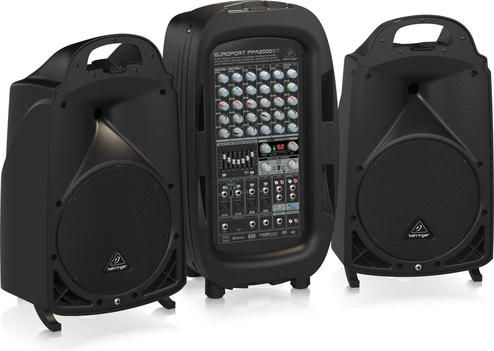 سیستم صوتی قابل حمل فوق فشرده 2000 واتی 8 کاناله بهرینگر با فناوری بی سیم بلوتوث، گزینه میکروفون بی سیم، پردازنده Multi-FX Klark Teknik و تشخیص فیدبک FBQ | PPA2000BT