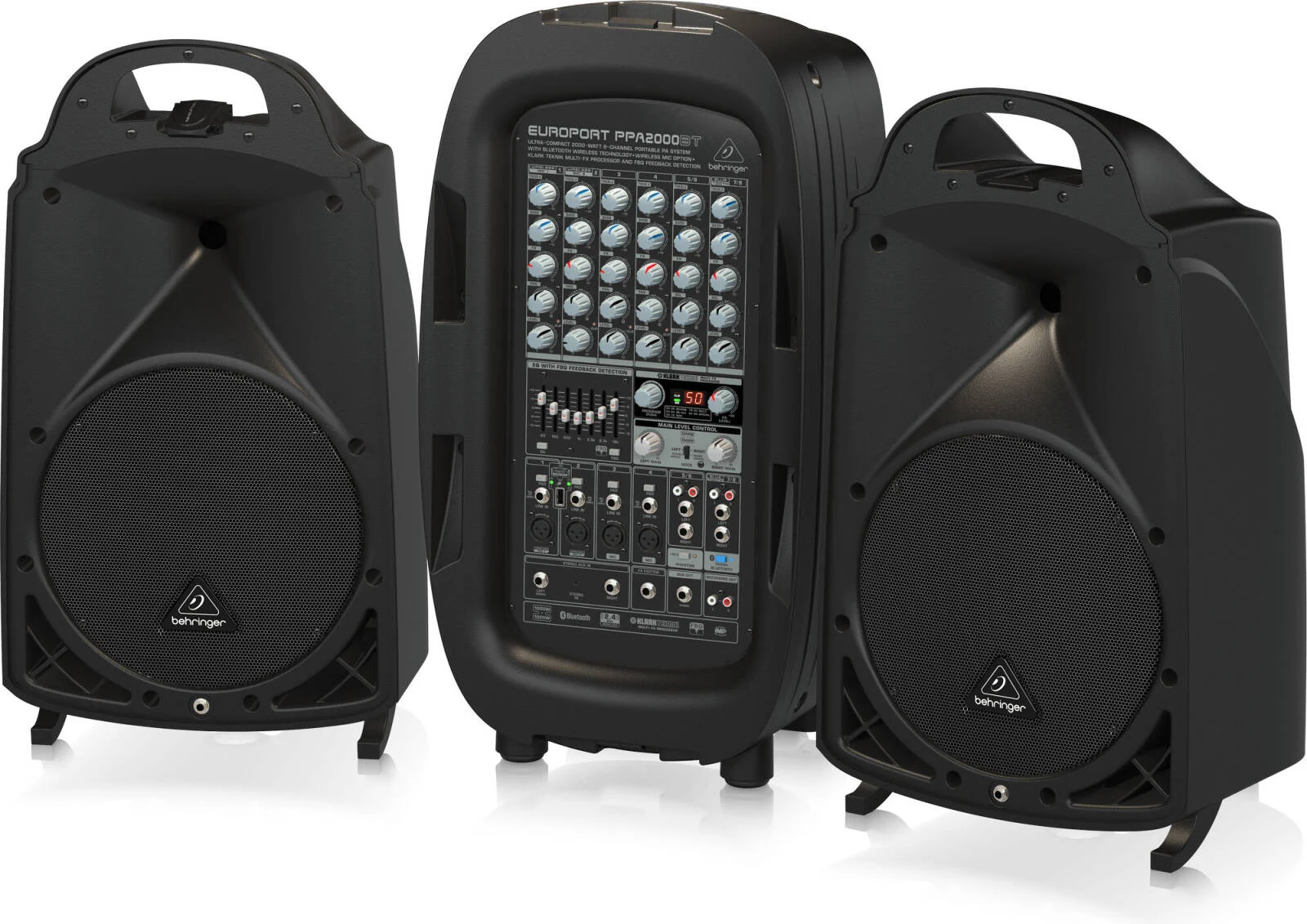 سیستم صوتی قابل حمل فوق فشرده 2000 واتی 8 کاناله بهرینگر با فناوری بی سیم بلوتوث، گزینه میکروفون بی سیم، پردازنده Multi-FX Klark Teknik و تشخیص فیدبک FBQ | PPA2000BT