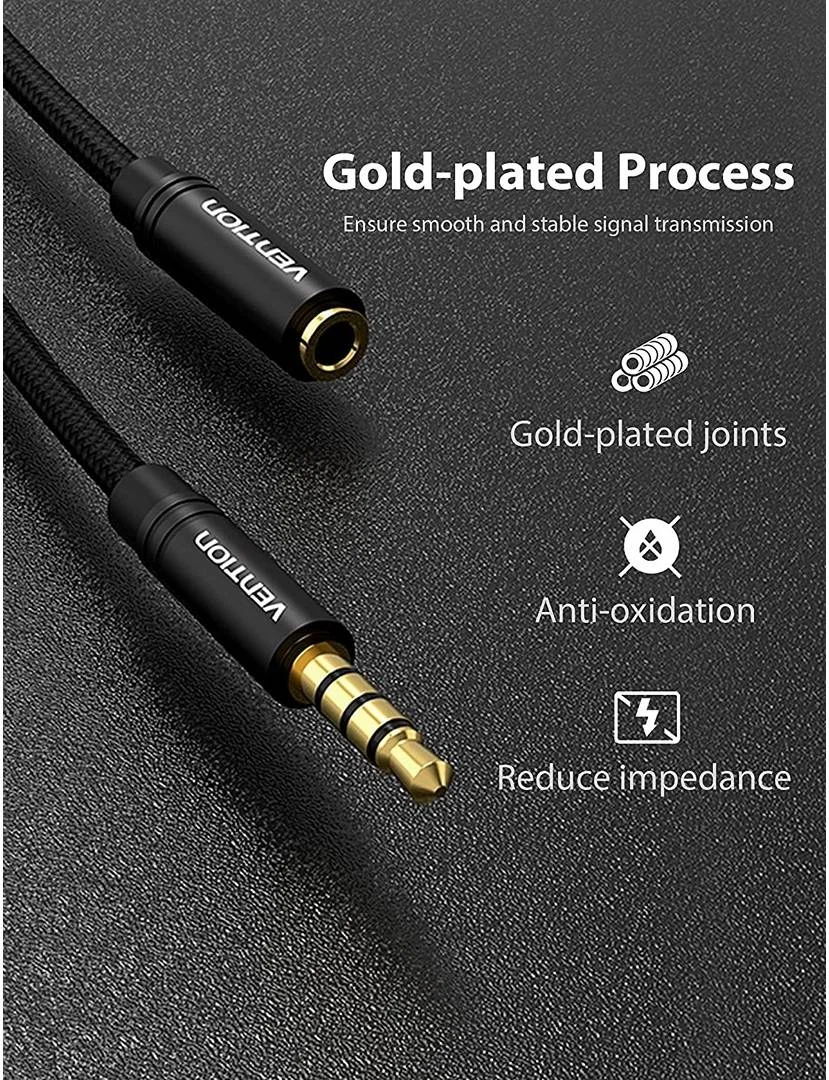 کابل افزایش طول صدا 3.5 میلی‌متری با روکش بافته‌شده نخی Vention، پلاگ روکش طلا/ضد تداخل، کیفیت صدای بدون افت، برای تلفن/رایانه شخصی/لپ‌تاپ/MP3/هدفون، 3 متر، نوع فلزی مشکی | BHBBI