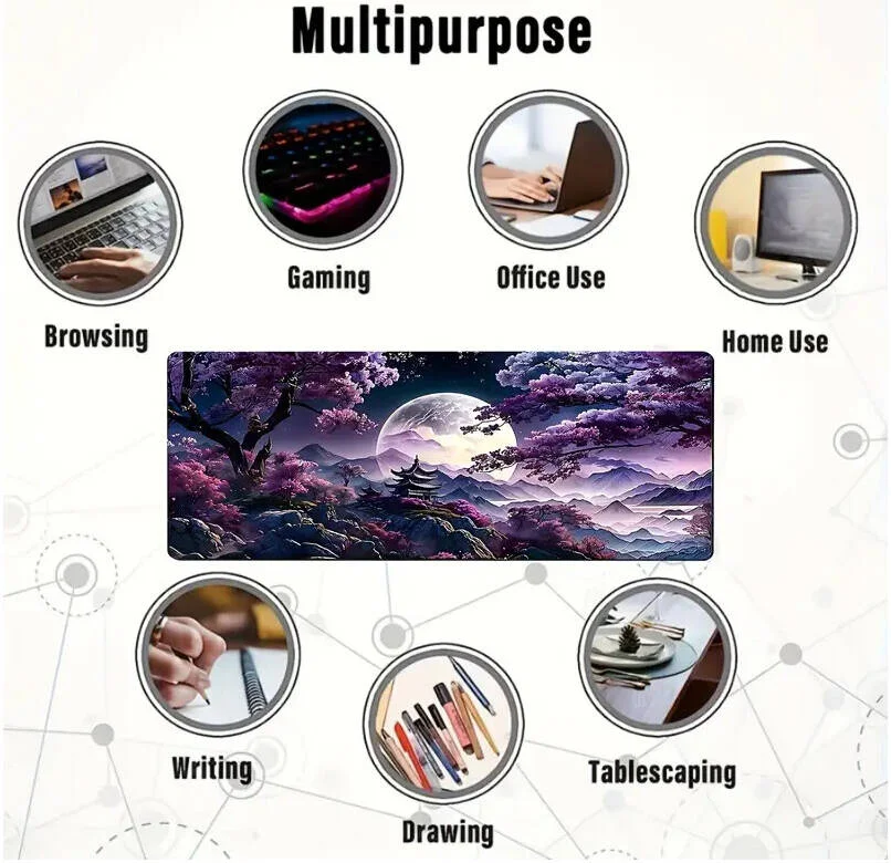 پد ماوس بزرگ طرح شکوفه گیلاس و زیرانداز میز گیمینگ، پایه لاستیکی ضد لغزش، لبه های دوخته شده ضخیم، طرح زنده آسمان شب، کوه و ماه، سطح ضد لغزش، 30x80 سانتی متر
