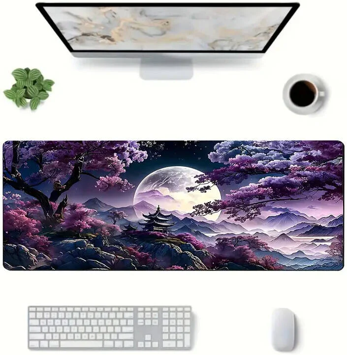 پد ماوس بزرگ طرح شکوفه گیلاس و زیرانداز میز گیمینگ، پایه لاستیکی ضد لغزش، لبه های دوخته شده ضخیم، طرح زنده آسمان شب، کوه و ماه، سطح ضد لغزش، 30x80 سانتی متر