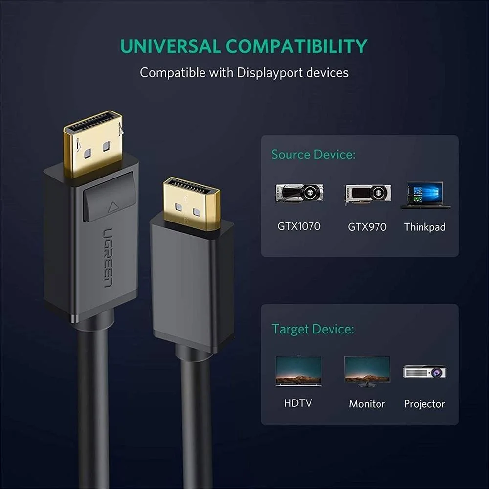 کابل DisplayPort به DisplayPort یوگرین، 4K 60Hz، 2K 144Hz، کابل DP 1.2 نر به نر، پشتیبانی از کارت گرافیک، کامپیوتر، تلویزیون، پروژکتور، مانیتور و غیره، طول کابل 3 متر، مشکی | 10212