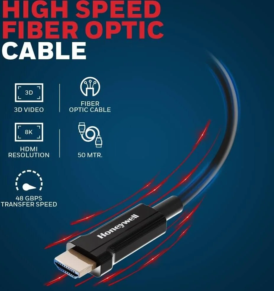 کابل فیبر نوری HDMI 2.1 Honeywell، طول 50 متر، سرعت 48 گیگابیت بر ثانیه، پشتیبانی از رزولوشن UHD 8K@60Hz، نر به نر، کابل فیبر نوری پرسرعت، سازگار با تلویزیون، کنسول بازی و غیره | HC000017/HDM/50M/AOC/V2.1